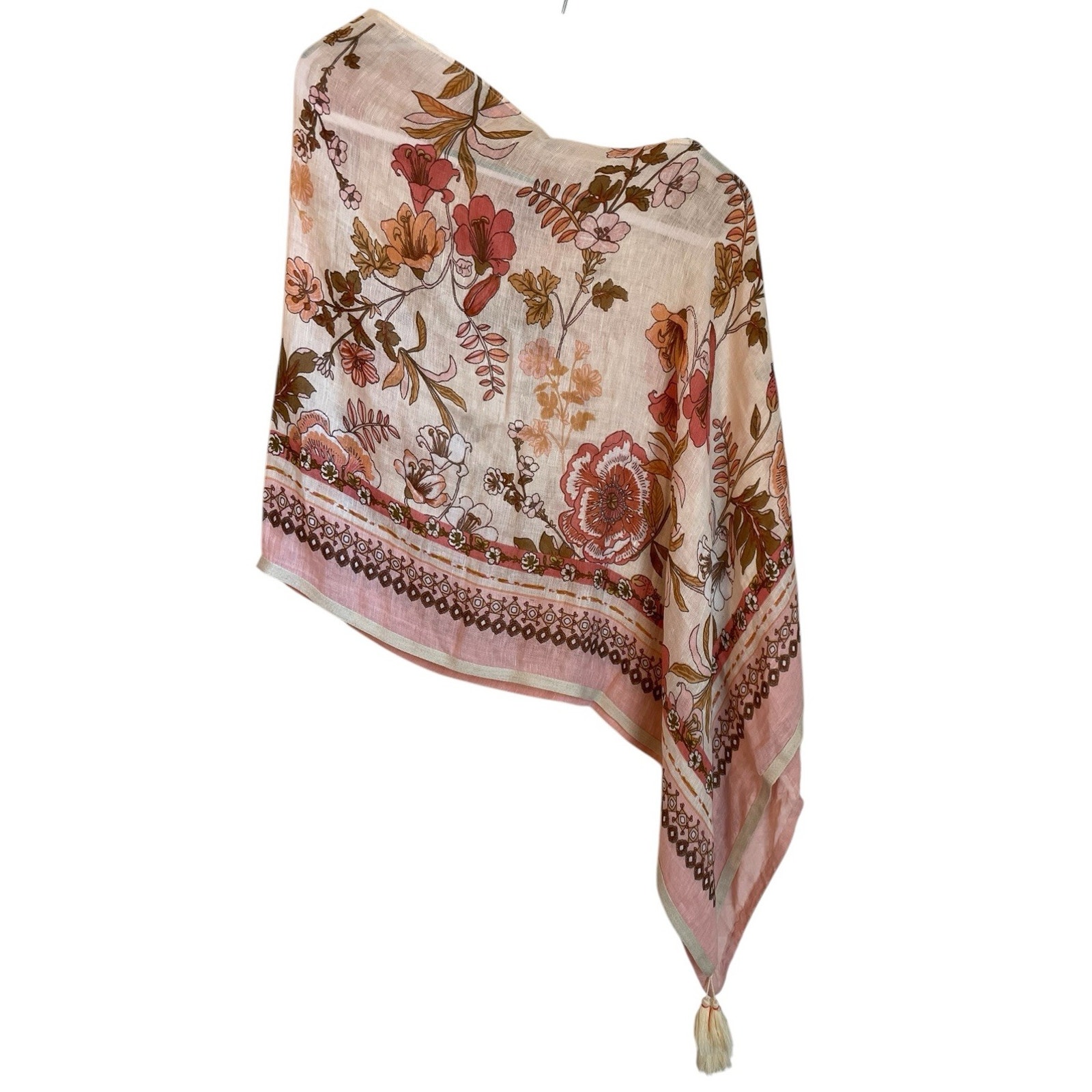 Spartina 449 Old Field Linen Blend Topper One Size Pink Cream Floral Tasseled