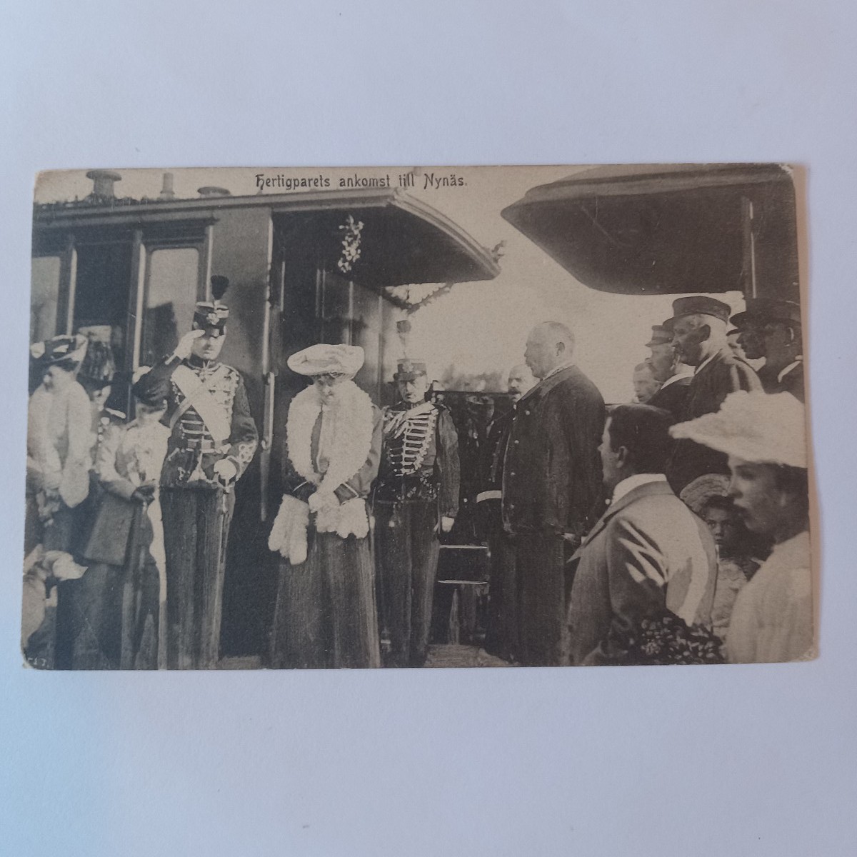 Postcard, locomotive, royalty arriving photo, conductor