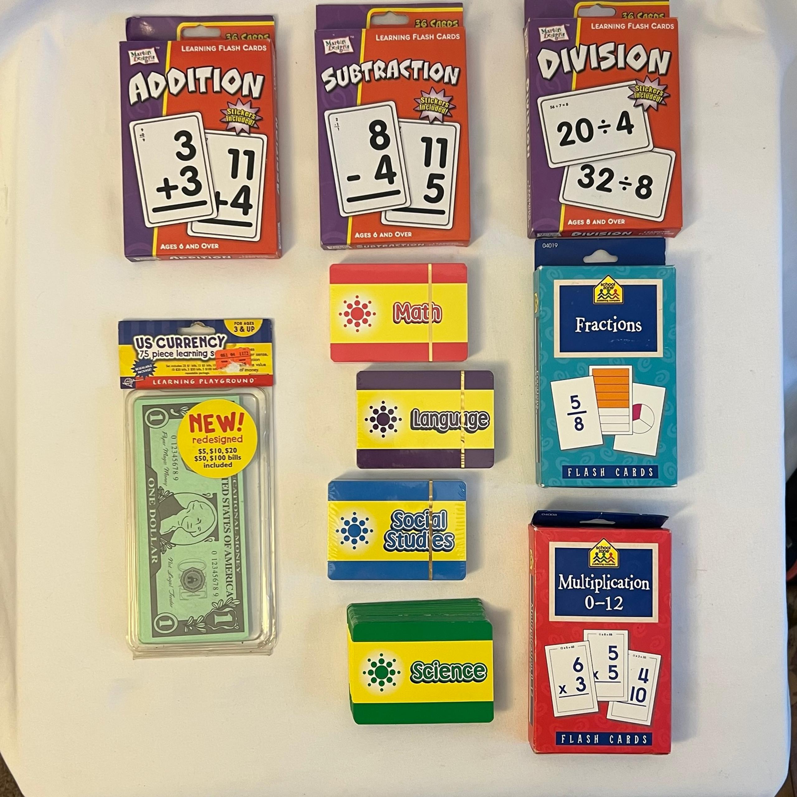 Lot of 10 Learning Resources - Math Facts, ELA, SS, Science Flashcards; Money