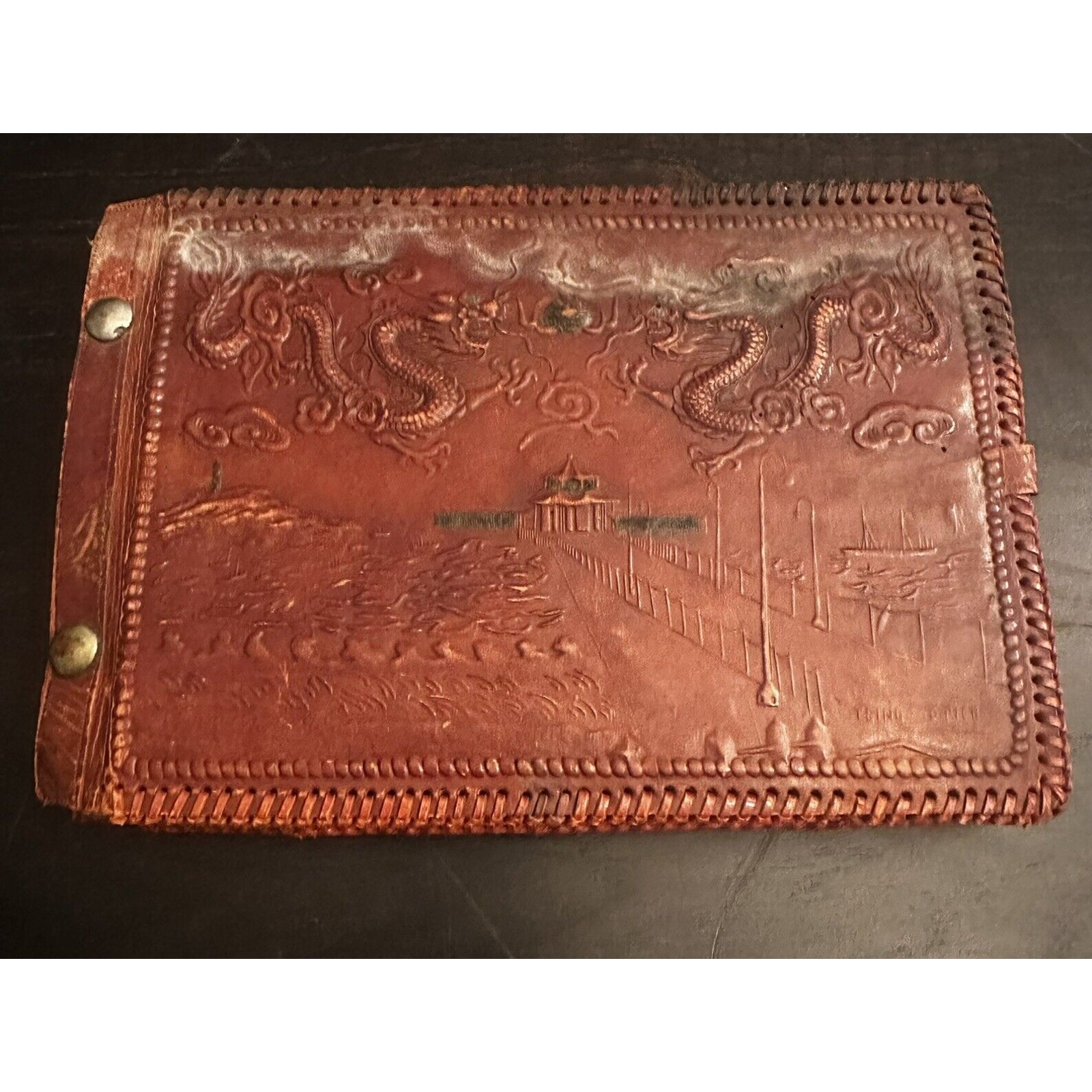 Vintage Leather Photo Album 1940s Pacific Theater TSINGTAO PIER Rice Paper