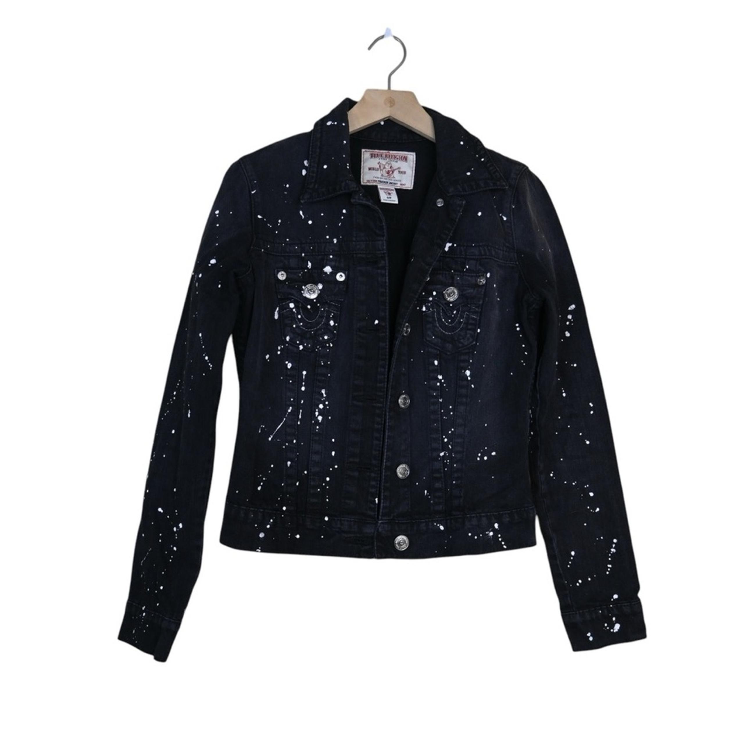 True Religion Womens S Black Paint Splatter Trucker Denim Jacket