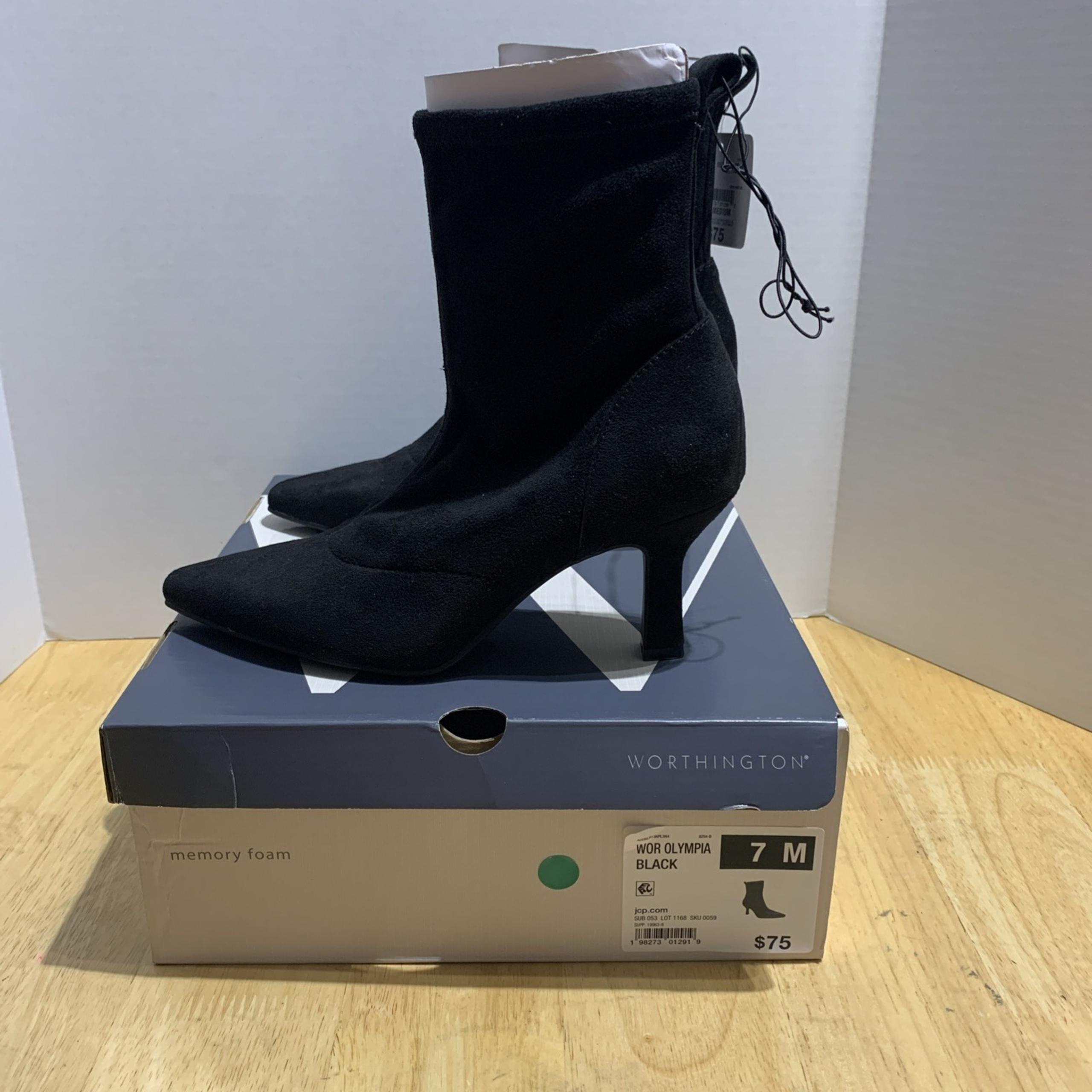 NWT WORTHINGTON Womens Olympia Flared Heel Booties Boots 7M  Black Faux Suede