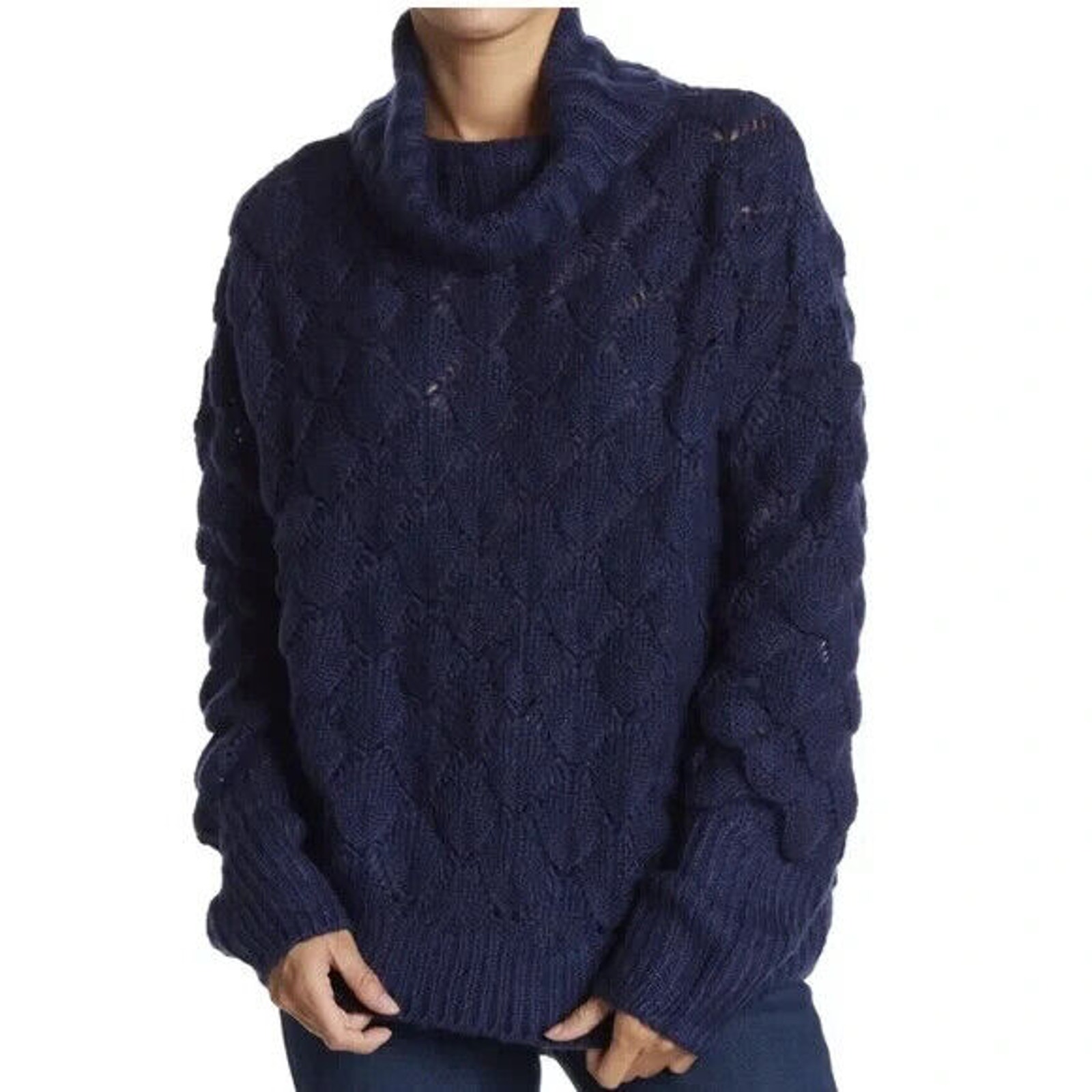 FRNCH NWT Women's Blue Bubble Stitch Open Knit Oversized Turtleneck Sweater M