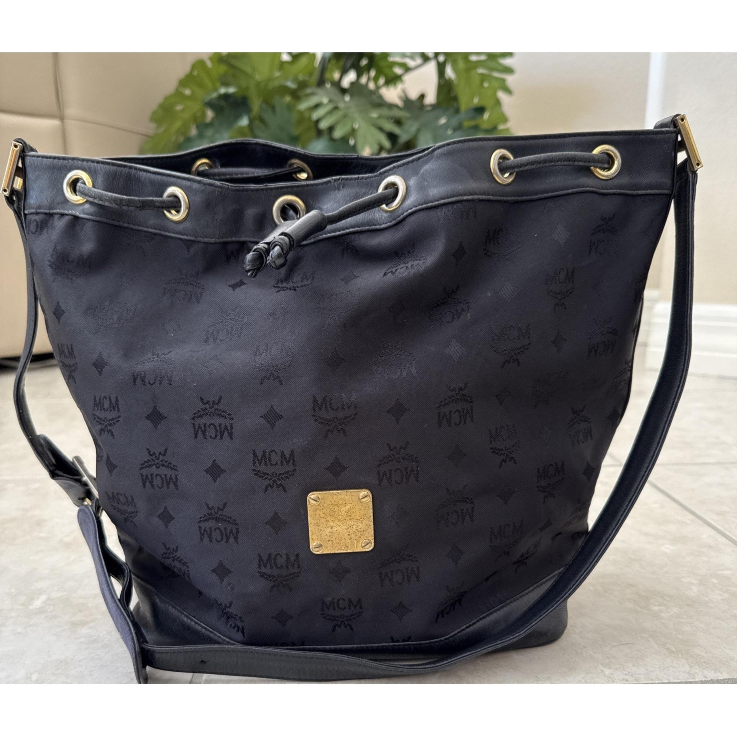 VTG MCM Black Jacquard bucket bag Crossbody Purse Large Nylon & Leather Germany