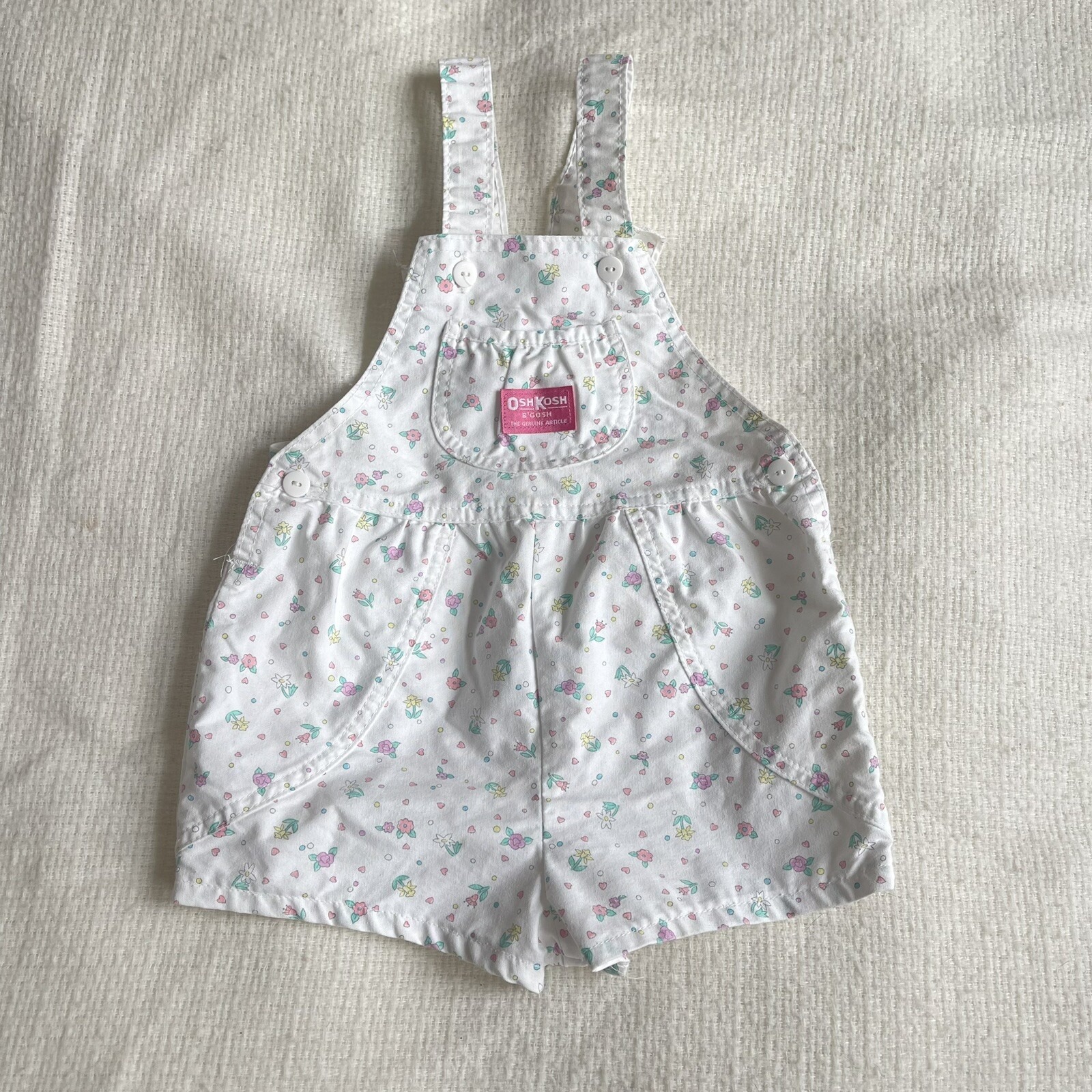 Oshkosh Vestbak Vintage Overalls Shorts White Floral Pink Yellow Flower USA Sz 6