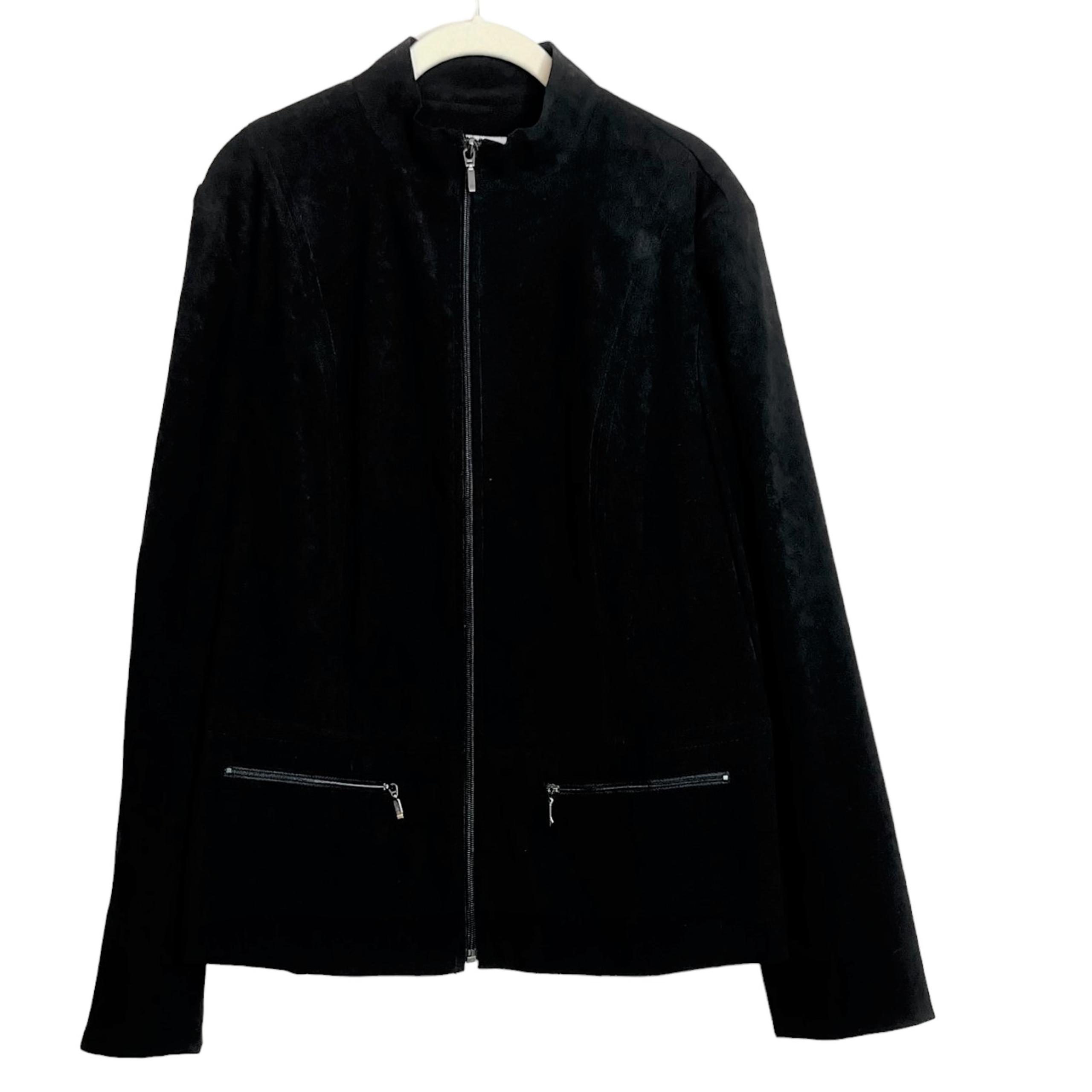 JM Collection Womens Jacket Size 12 Black Microfiber Zip Up Long Sleeve Pockets