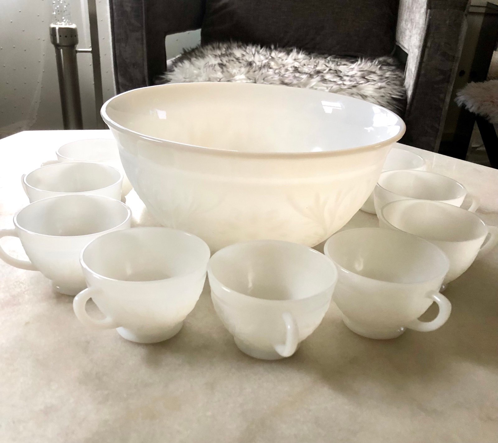 Anchor Hocking Sandwich White Milk Glass Punch Bowl 12 Cup Vintage Glassware Set