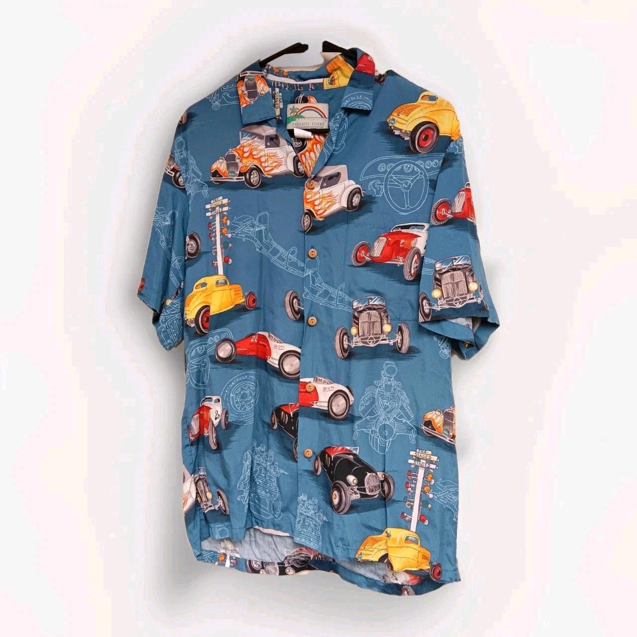 Vintage Paradise Found Classic Hot Rod Racing Hawaiian Aloha Shirt Size Small Sm