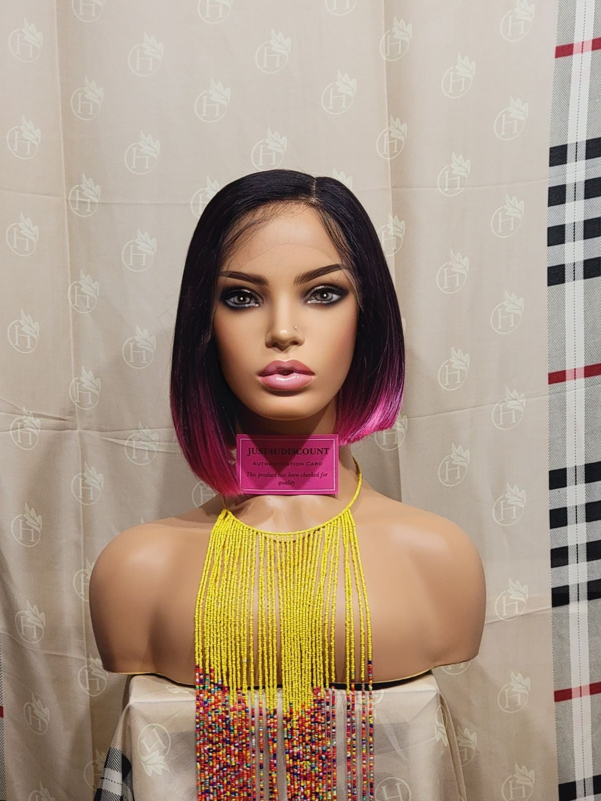 Black bob hot pink dipped lace h.d wig