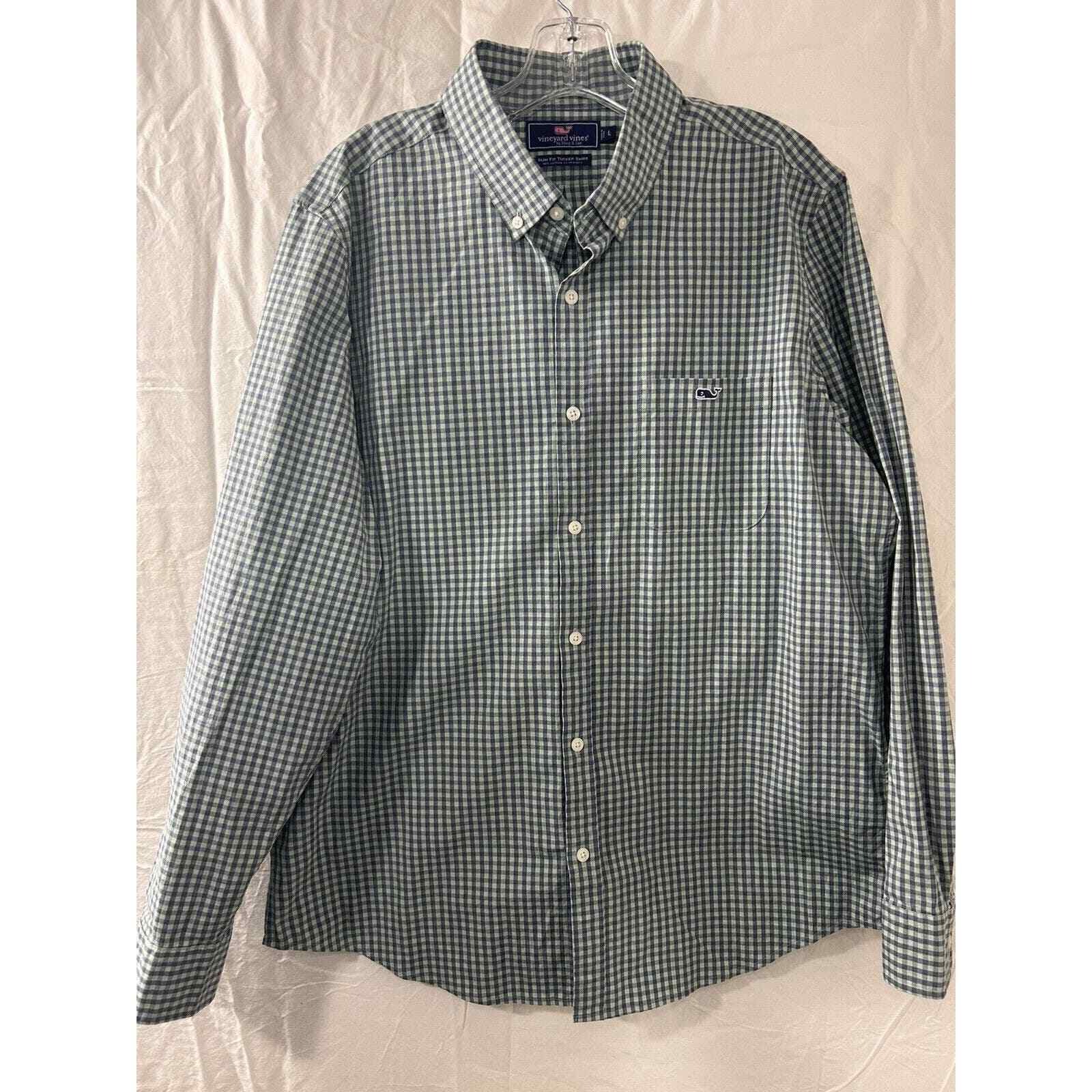 Vineyard Vines Mens Shirt L Blue Green Gingham Plaid Classic Fit Tucker Shirt