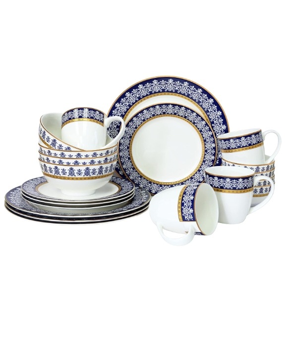 20PC Set, Service for 4, Blue ShanTi Gold, Microwave Safe, Elegant Giftware