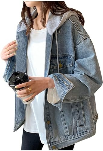 Women's denim jacket with hood Oversized replica denim jacket hoodie drawstring