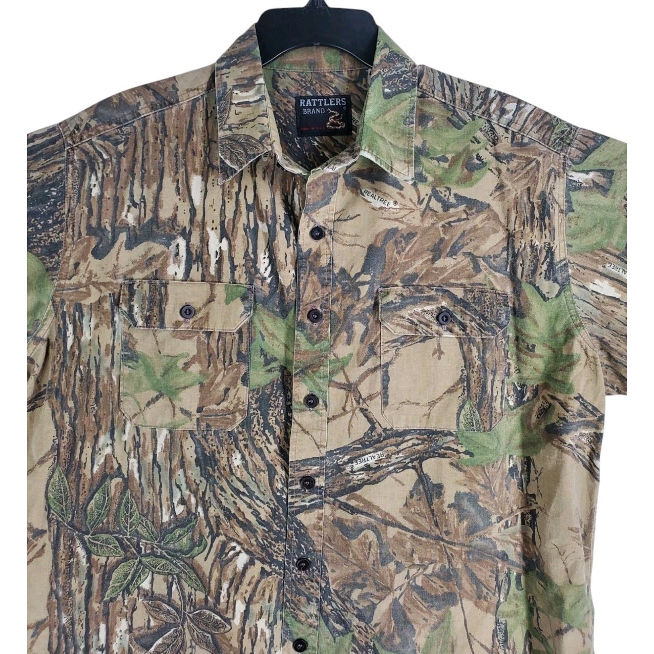 Vtg 90s Rattlers Brand Realtree Camo Shirt Men XL Green Brown SS Button USA Made