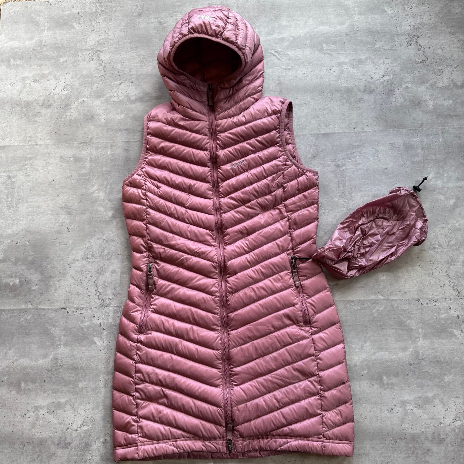 Skhoop Long Goose Down Debbie Vest With Hood, Pink, Medium