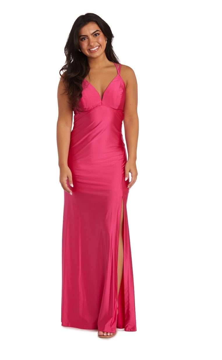 NWT Morgan & Co. high slit ruched back evening gown SZ 15