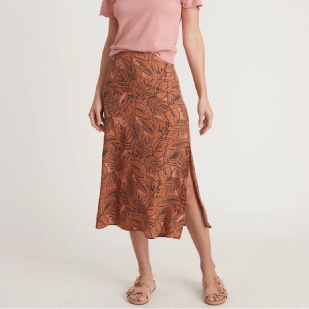 Marine Layer Womens Skirt Brown Ryan Midi Slip Sierra Foliage Tropical Boho 10
