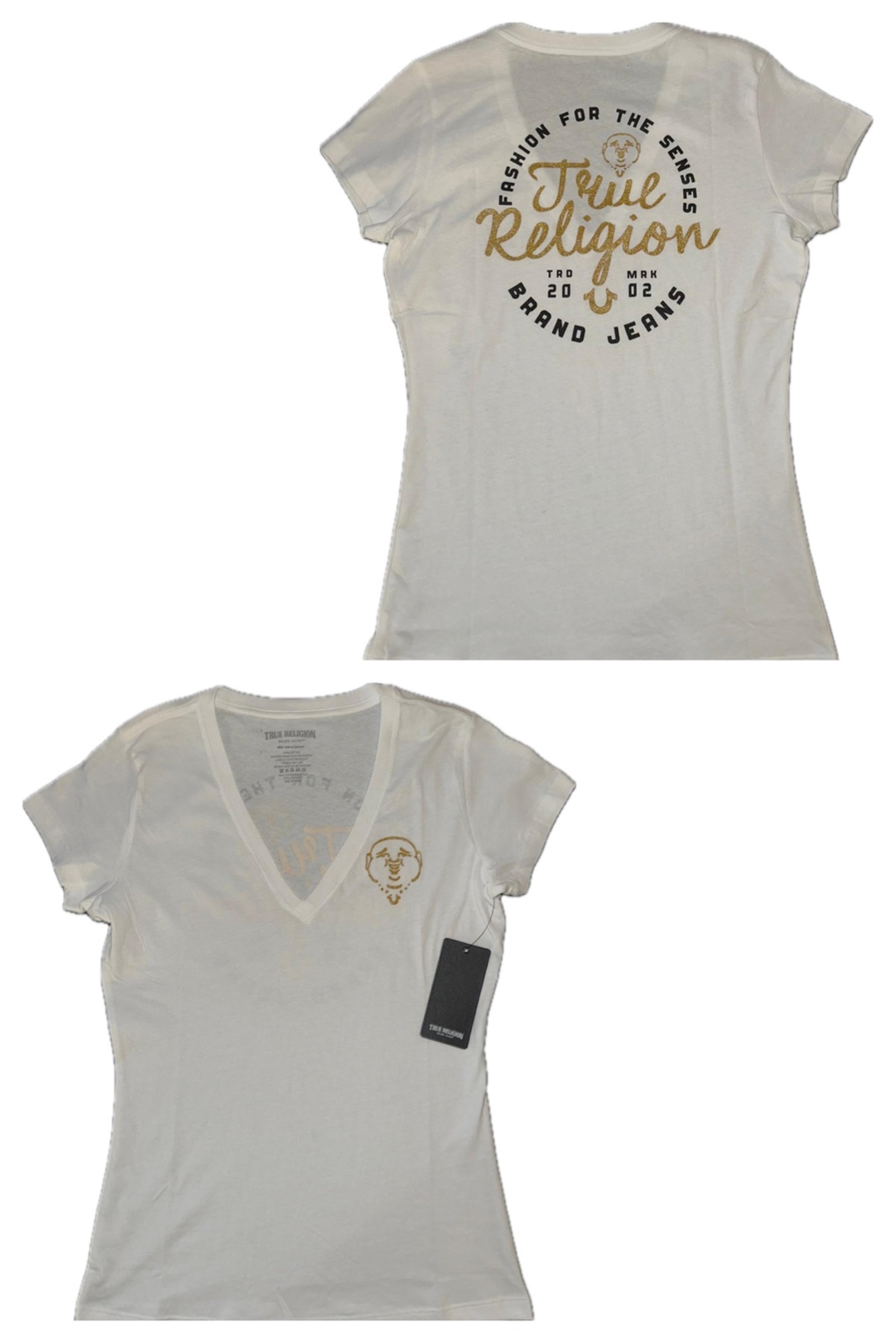 True Religion Glitter White V Neck Shirt Women’s Small New $59 MSRP