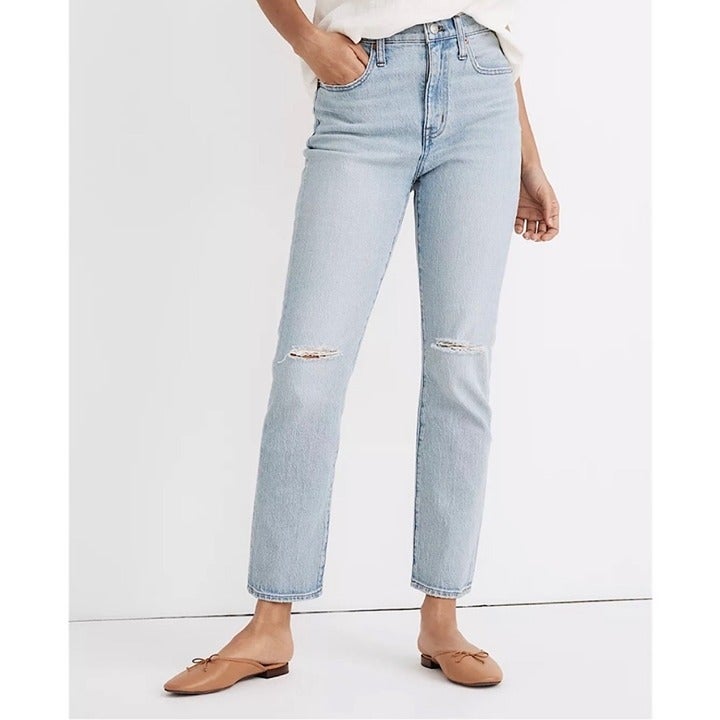 Madewell The High Rise Slim crop Boyjean Ripped denim Size 27 Dumas light wash