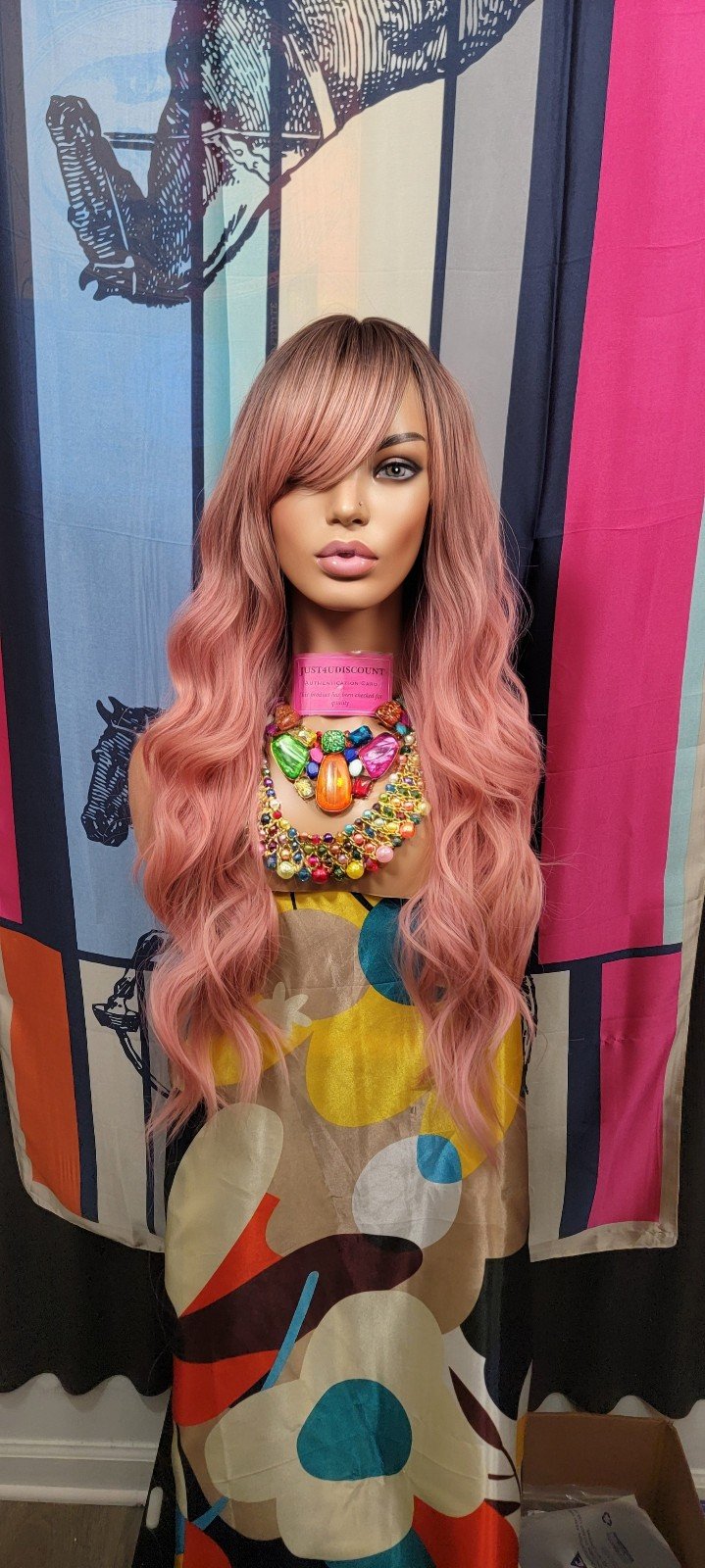 Rose Gold pink wavy swoop bang long wig