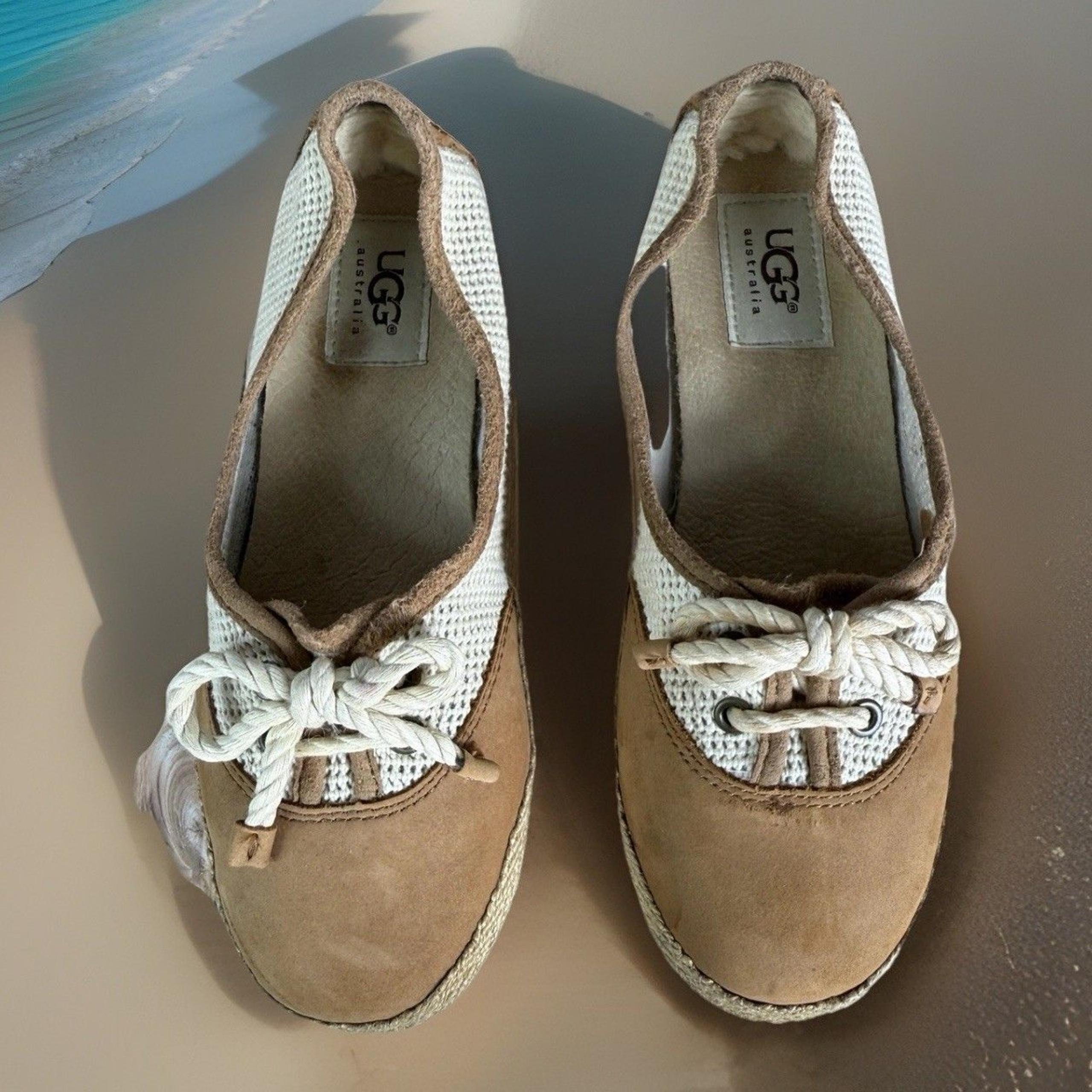 EUC UGG Australia Catrin Womens Crochet Espadrille Flats Tan/Cream Size US 5