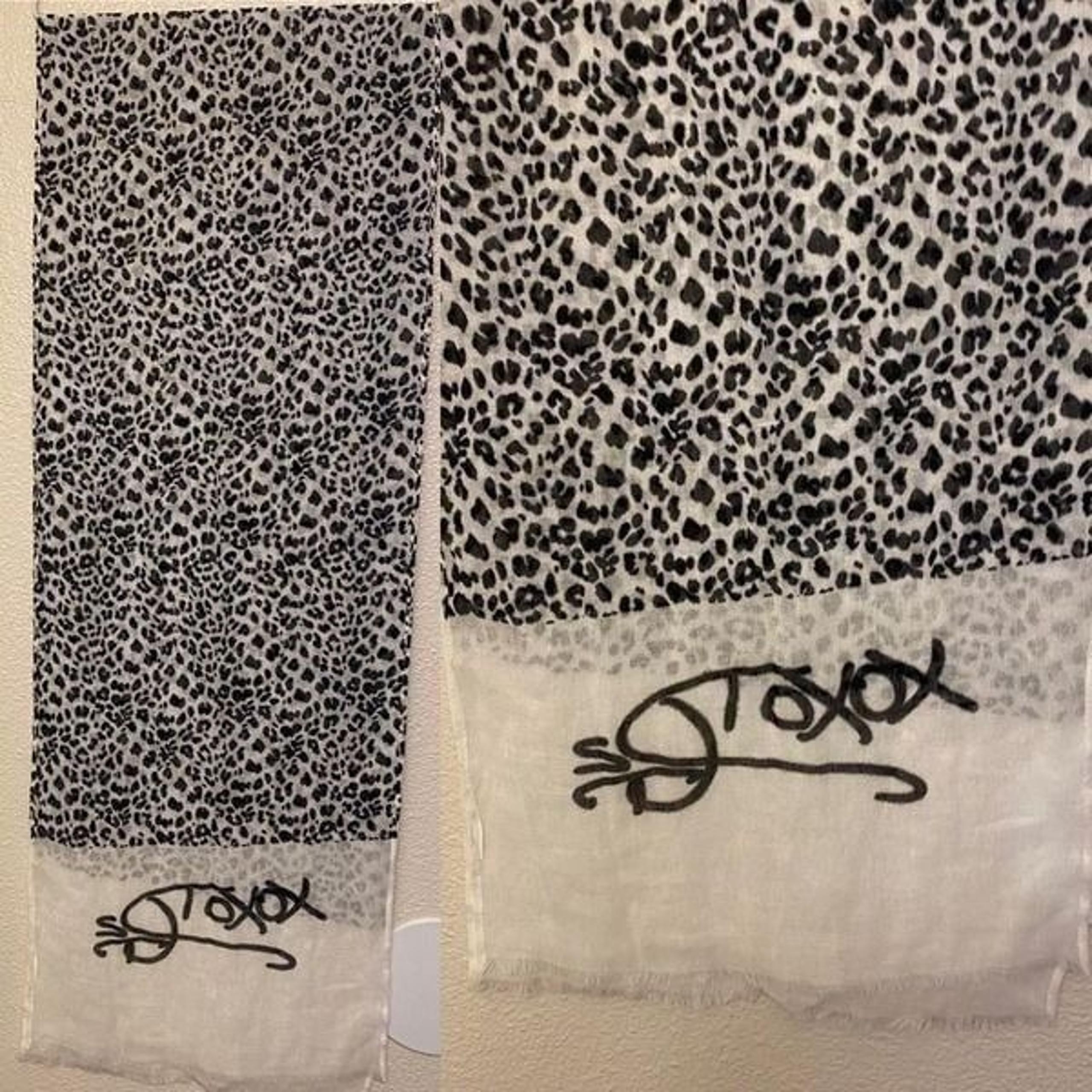 Diane Gilman White black Animal Print Scarf semi sheer lightweight 13x72