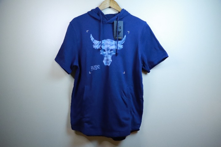Under Armour Project Rock Men's Medium M Short Sleeve Hoodie Terry Navy Blue New