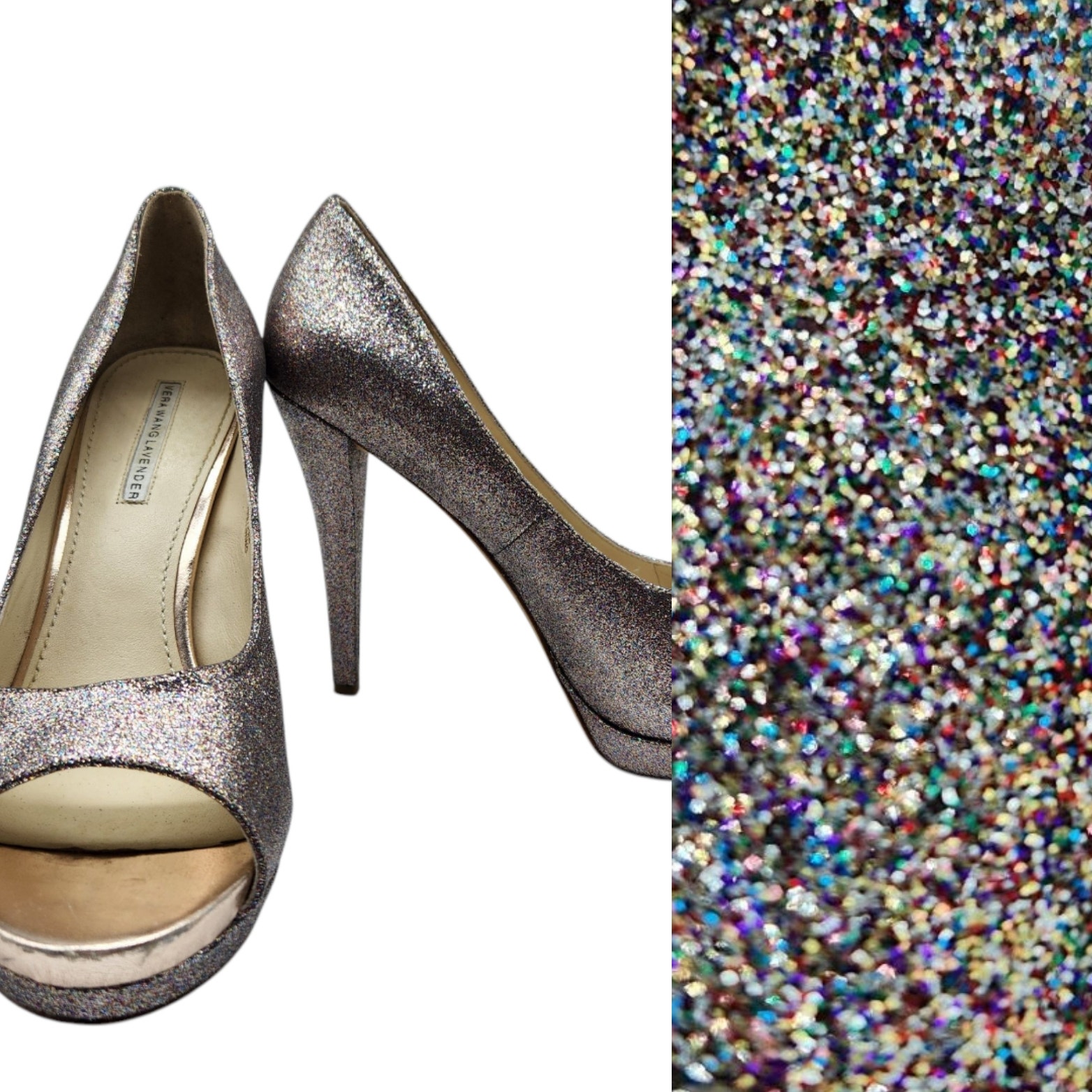 Vera Wang Metallic Glitter Shiny Open Toe Stiletto Platform Heals Pumps Size 10