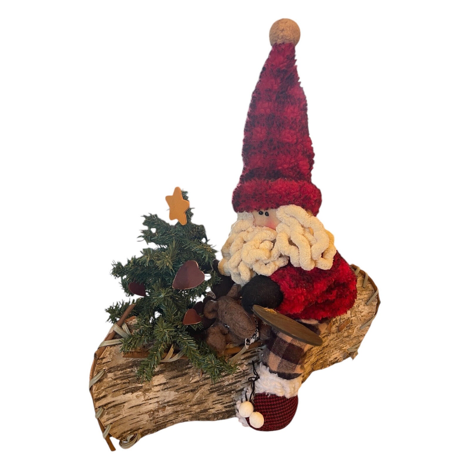 Santa Rowing Birch Bark Canoe w Christmas Tree & Moose Lakehouse Cabin Decor