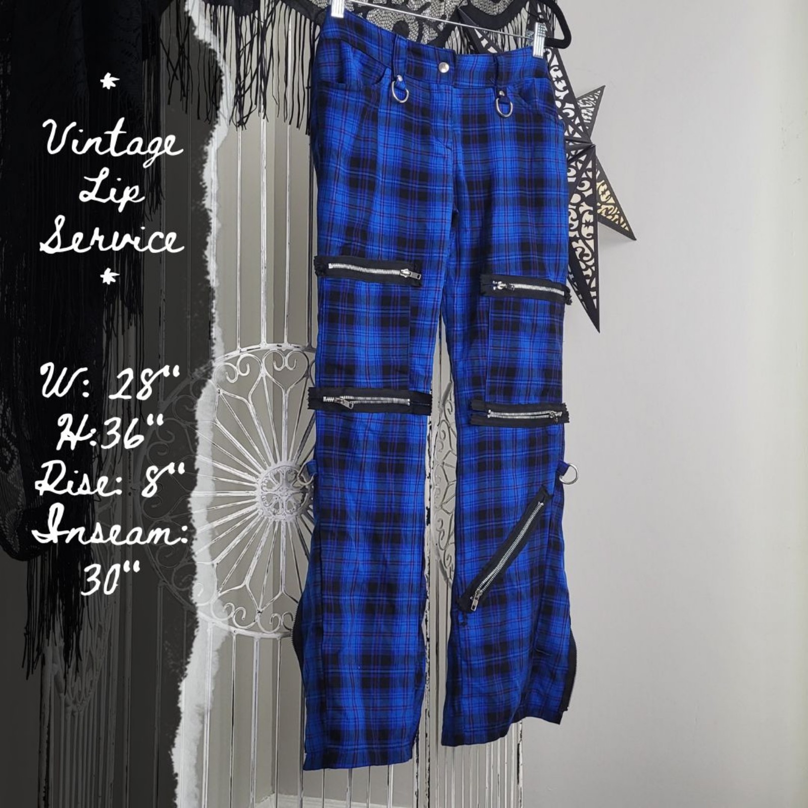 Vintage Lip Service Blue Black Purple Bondage Pants Y2K with Zippers