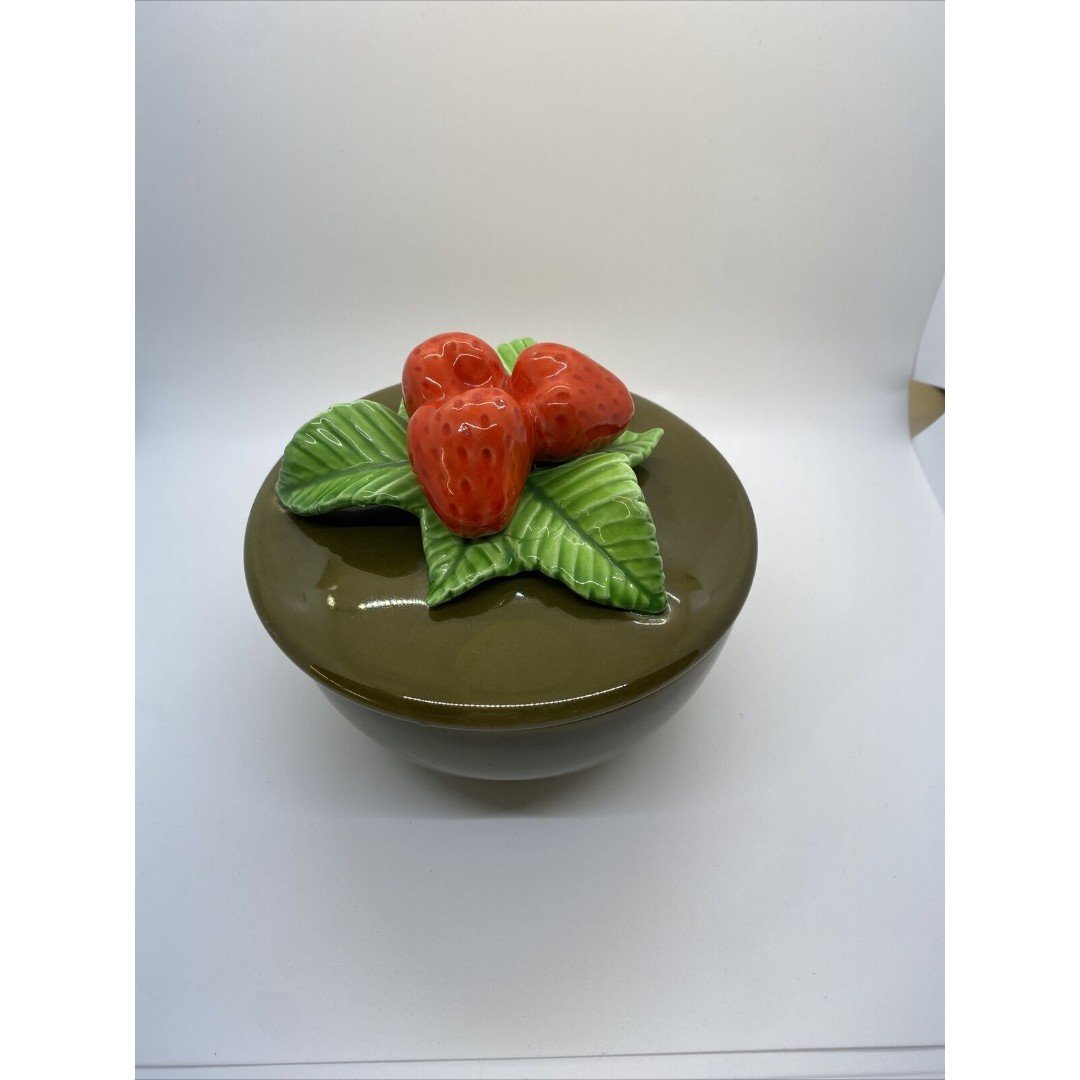 Vintage Dark Green Strawberry Covered Ceramic Canister Bowl With Lid