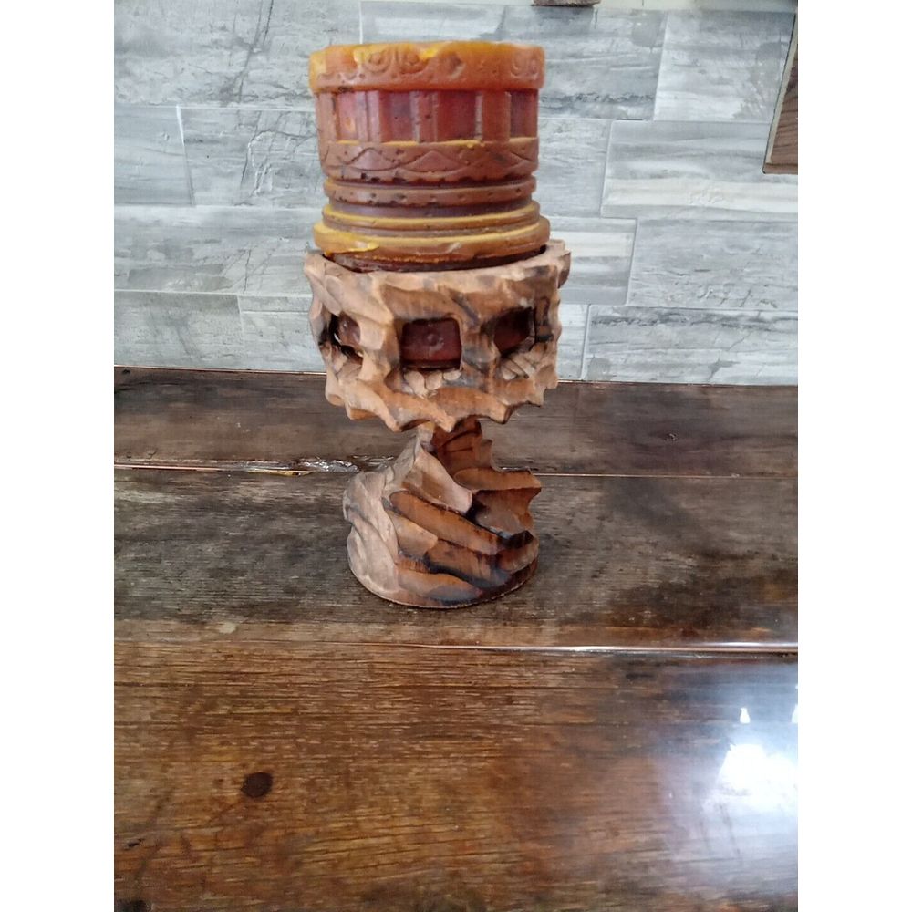 Hand Carved Wood Pedestal MCM Brutalist - Goth Candleholder - Vintage W/ Candle