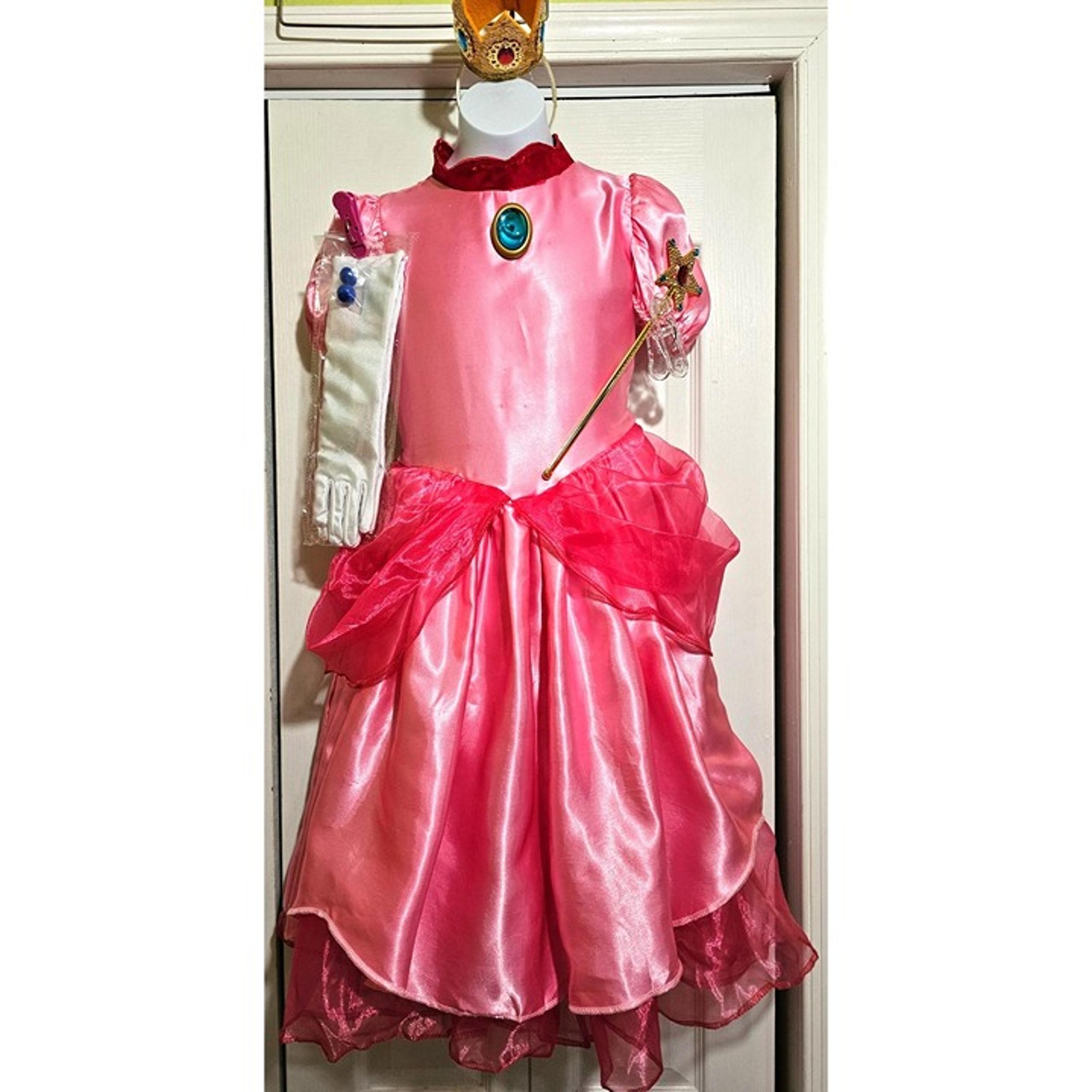 Princess Peach Costume Super Mario Dress Tiara Wand Gloves Earrings Girls 7-8