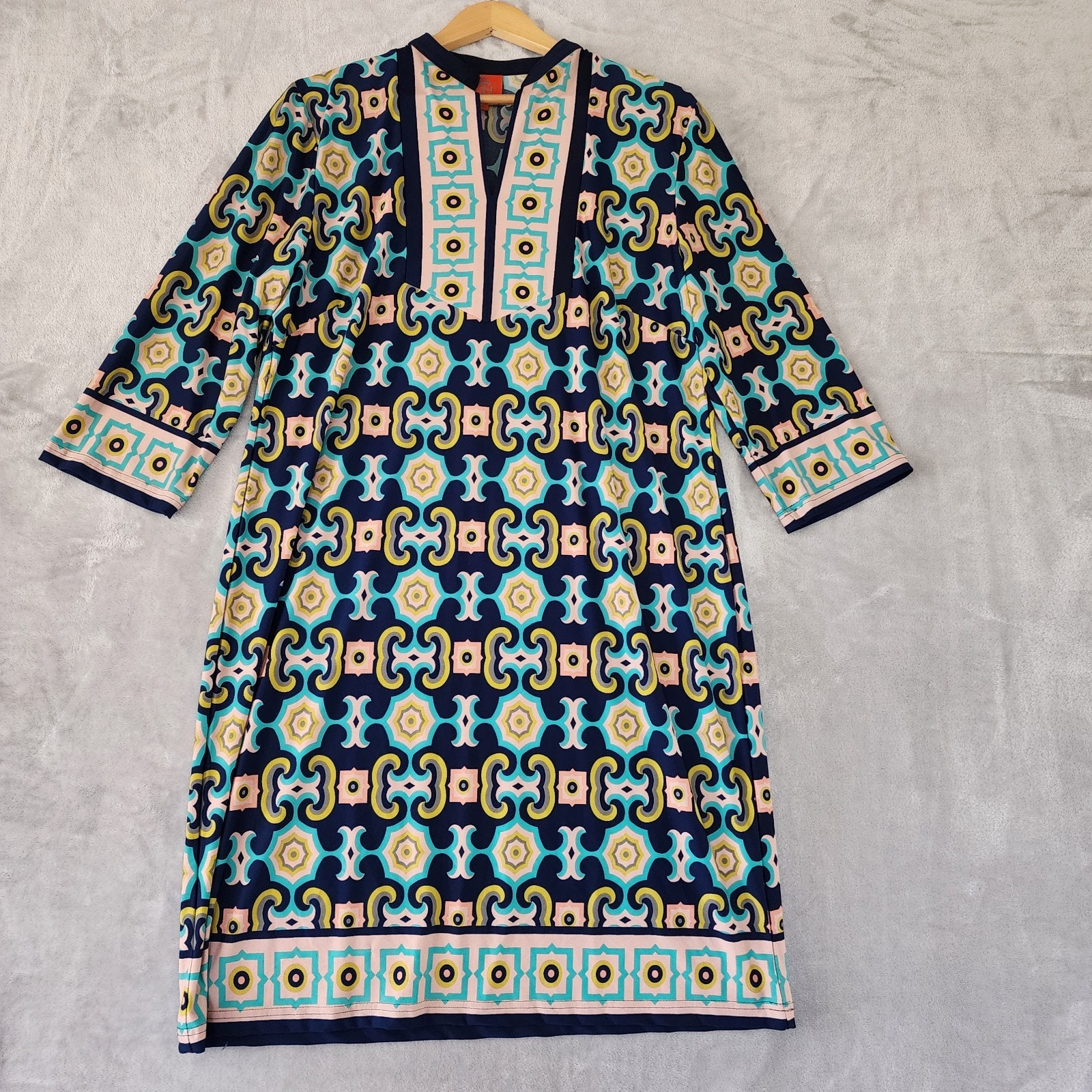 Tracy Negoshian Dress Womens XL Artsy Bohemian Tile Print Stretch Knit Navy Blue