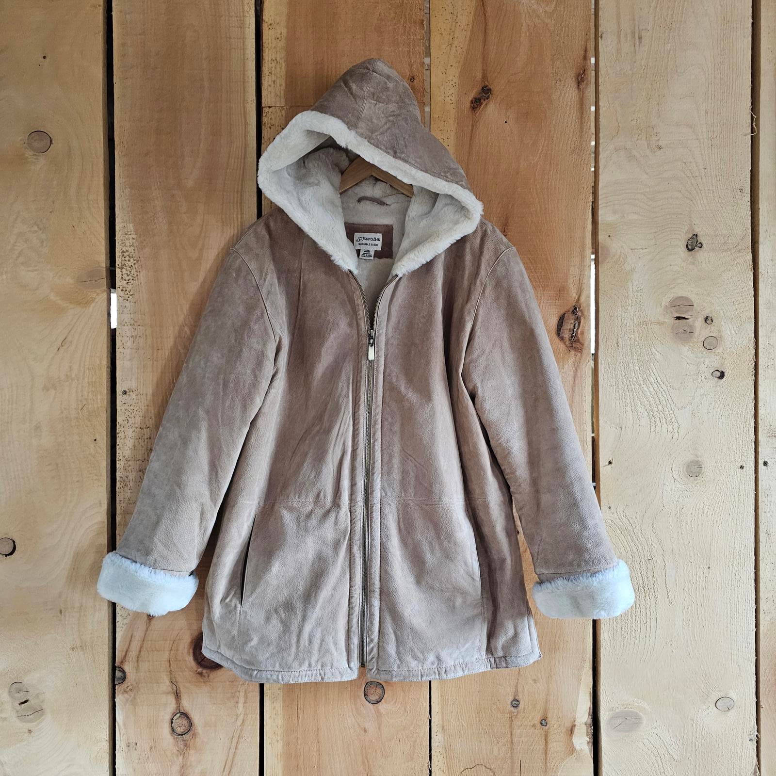Y2K St. John's Bay Leather Suede Hooded Coat Women's Large Thick Oversized Cozy