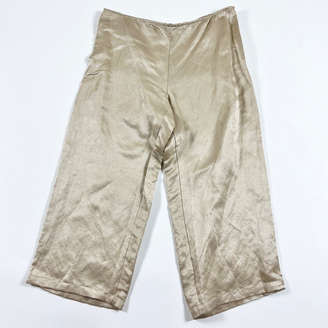Eileen Fisher Wide Leg Pant Sateen Organic Linen Silk Khaki Side Zip Laganlook L