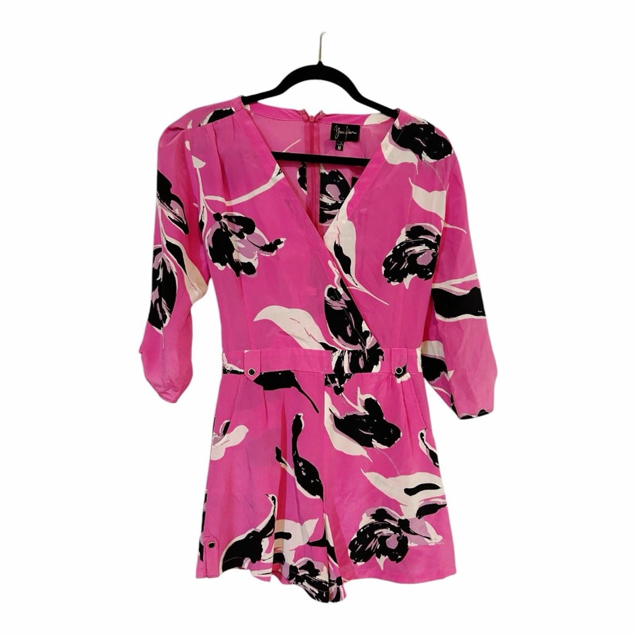 YUMI KIM 100% Silk Floral Liz Romper NWT Sz M Roll Tab Sleeve Neon Pink G20