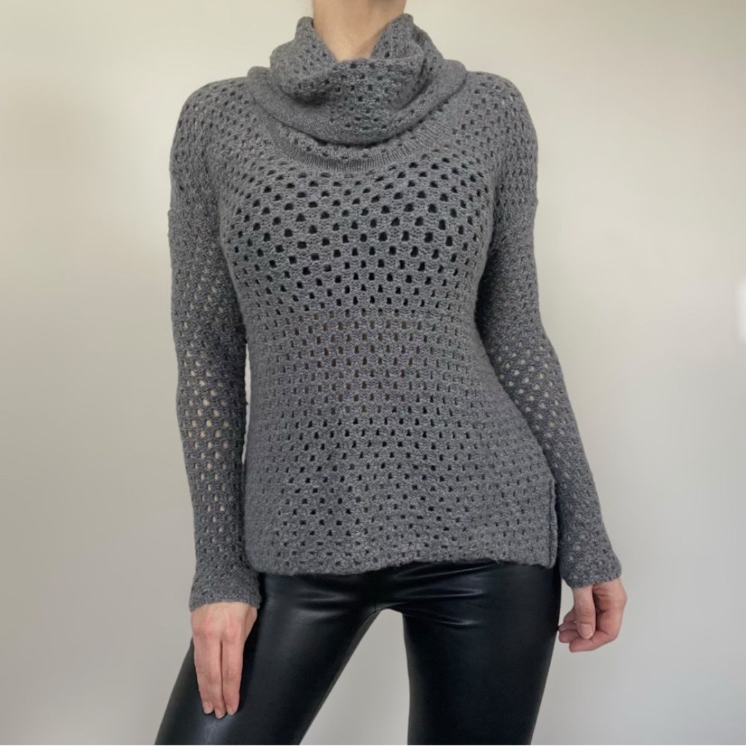 James Perse Marina Crochet Gray Long Sleeve Open Knit Cowl Neck Sweater - Size 1