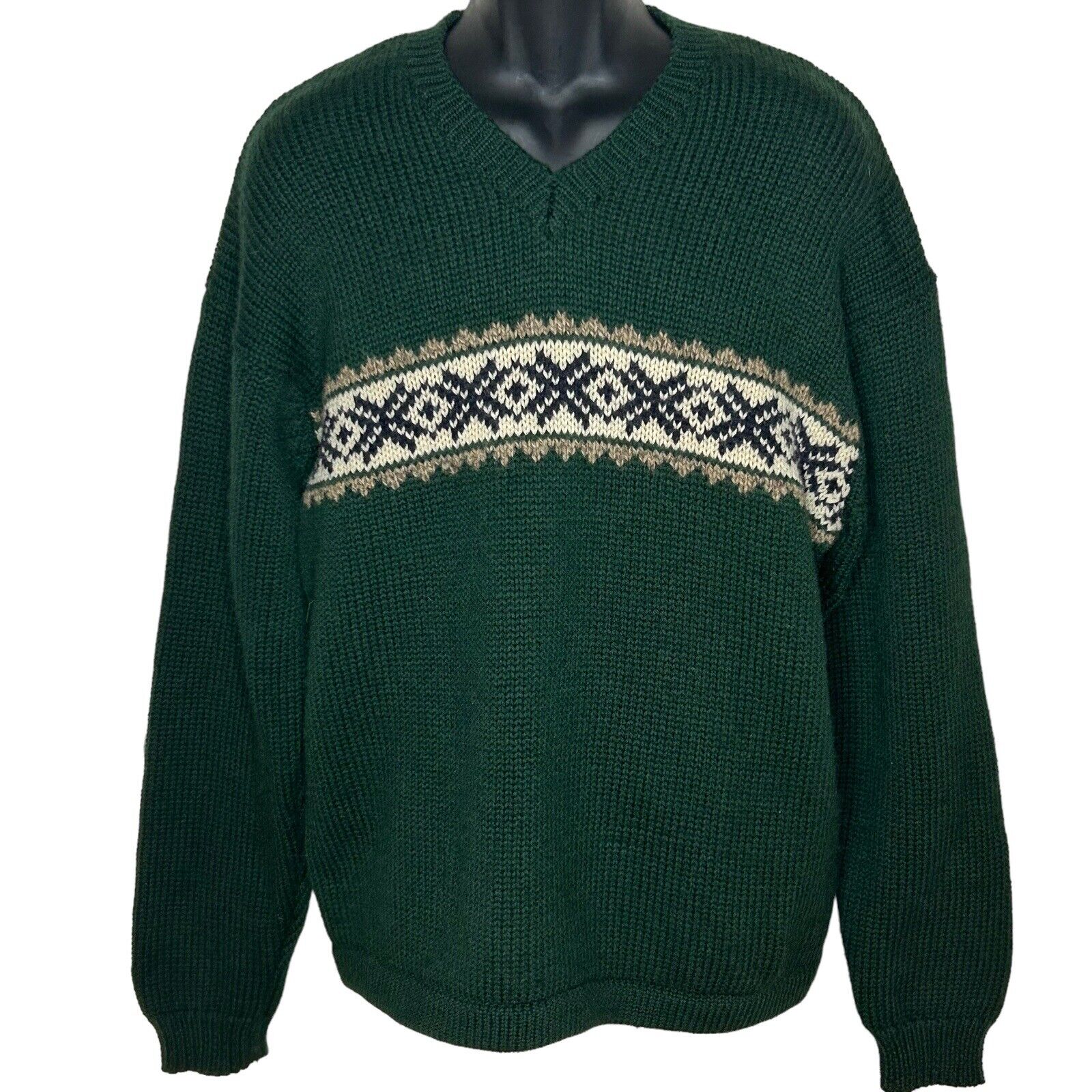 Abercrombie & Fitch Wool Sweater Size XL Green V-Neck Fair Isle Y2K