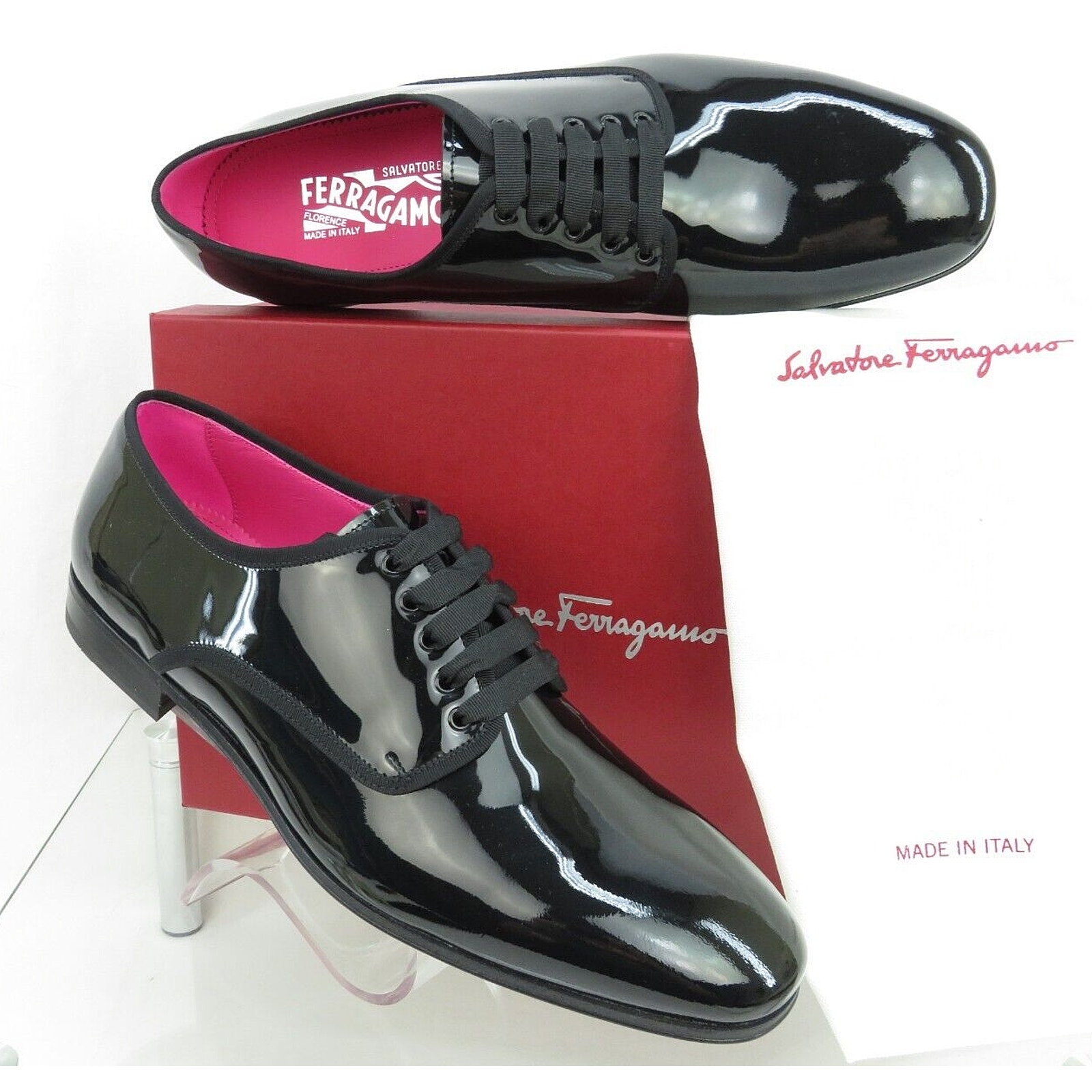 NIB FERRAGAMO MAGIC BLACK PATENT LEATHER FORMAL DRESS DERBY OXFORDS 9 E