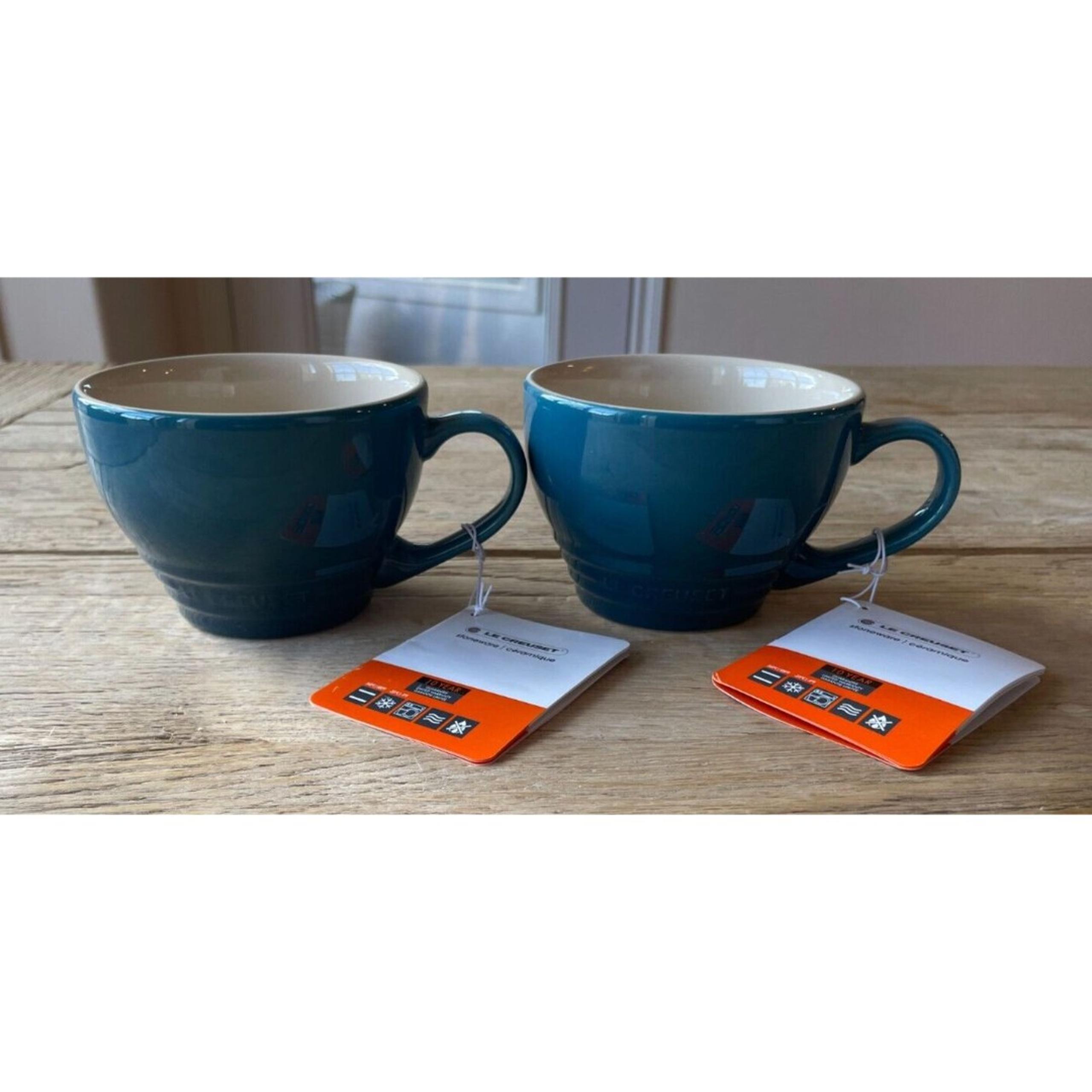 Le Creuset Stoneware Set of 2 Bistro Mug/Giant Cappuccino Cup, 14oz DeepTeal NEW