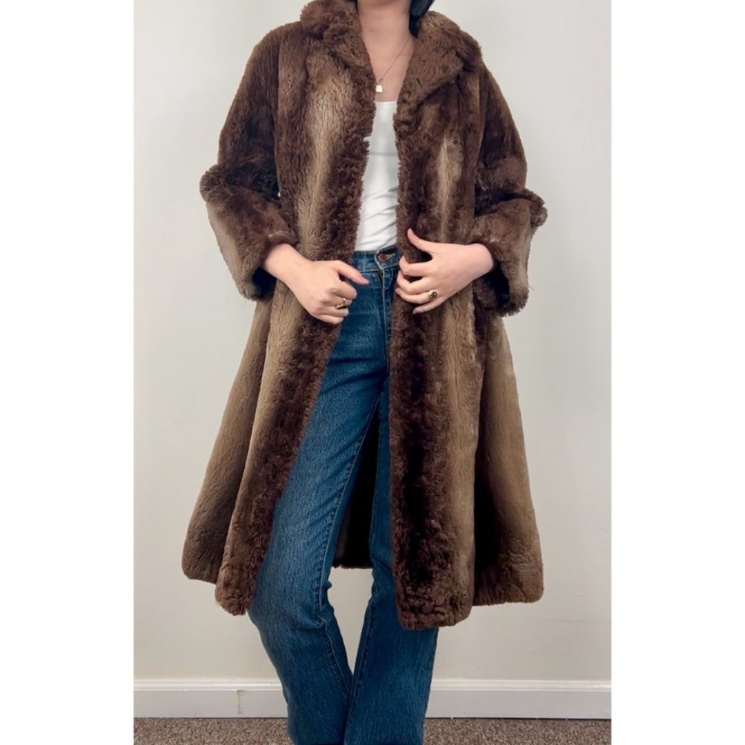 Vintage JB Johnson Brown Belted Genuine Goat Fur Coat