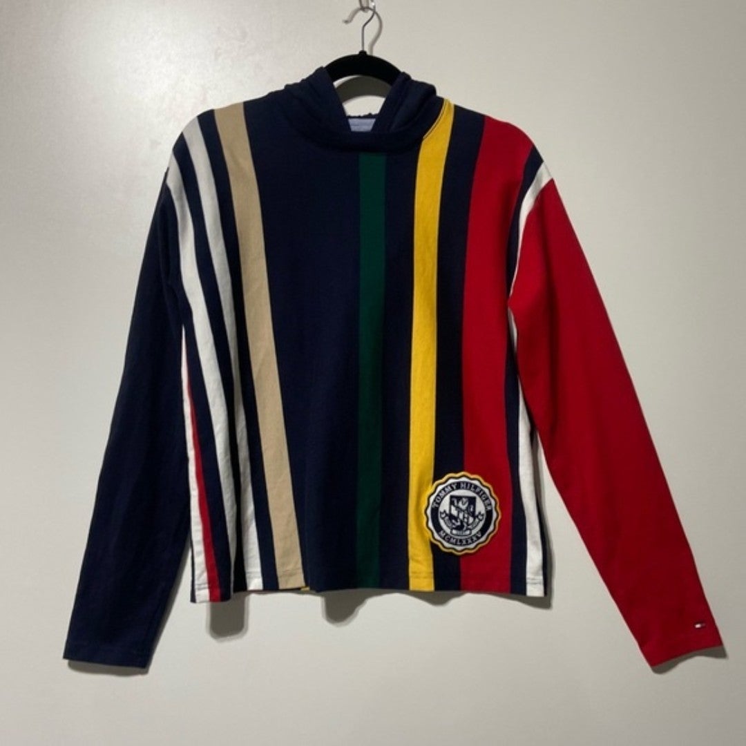 Tommy Hilfiger Classic Polo Colorful Stripes Hoodie Size XS Oversized Boxy Fit
