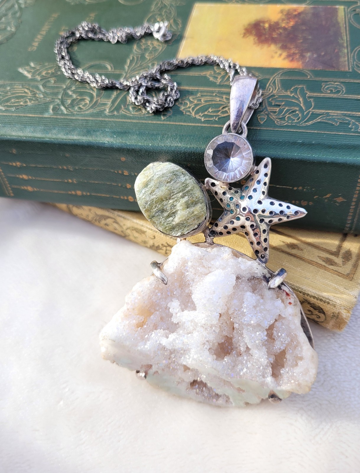 Vtg Drusy Quartz Spinel Sterling Silver Boho Artisan Starfish Pendant Necklace