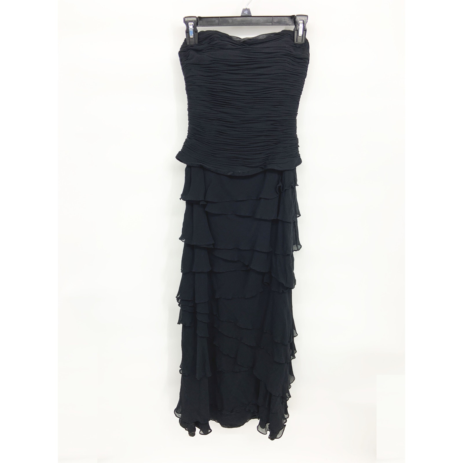 Jovani NY Black Ribbed Satin Bodice Silk Strapless Ruffled Maxi Dress Sz 14