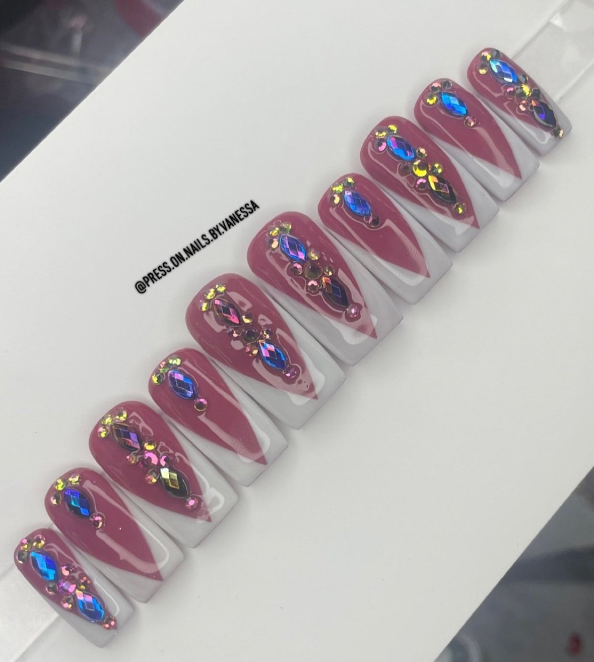 Medium square press on nails rhinestones white French tip handmade custom