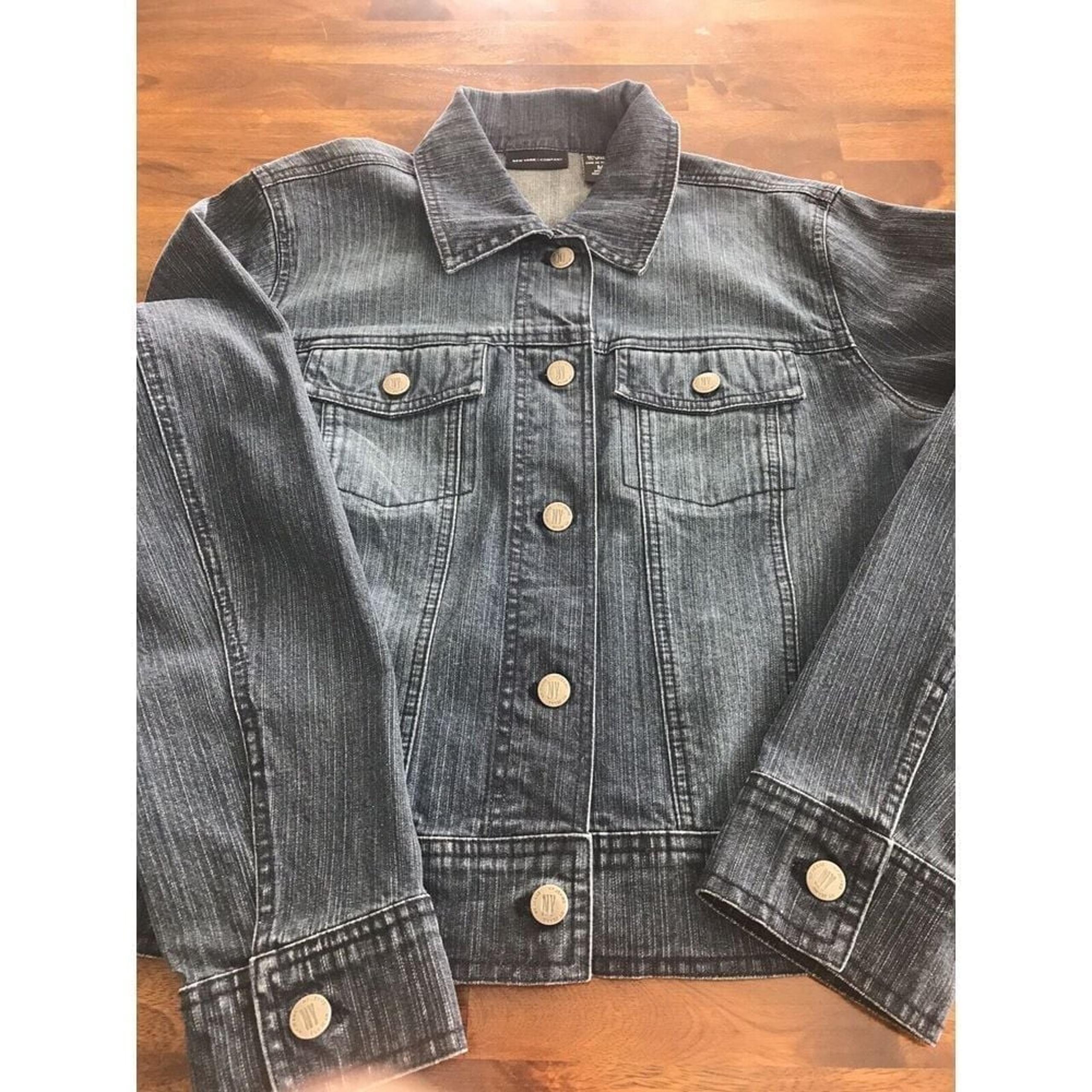 NY Jeans New York & Company M Denim Jacket Blue Button Biker Coat