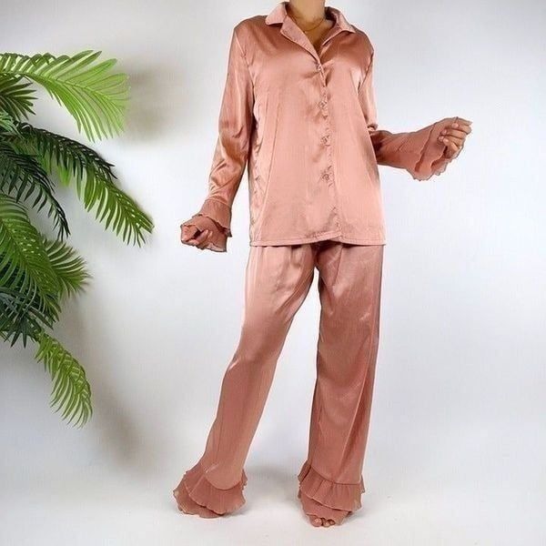 Vintage Y2K Pink Coquette Cottagecore Satin Two Piece Pajama Set / Size: S/M