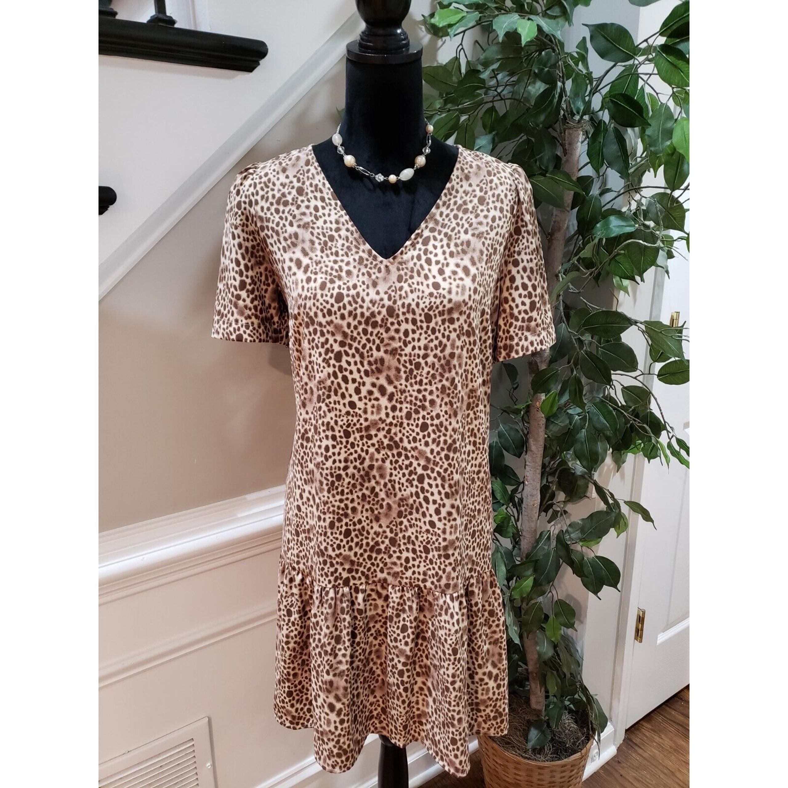 A New Day Women's Beige Brown Polyester V-Neck Short Sleeve Knee Length Dress S