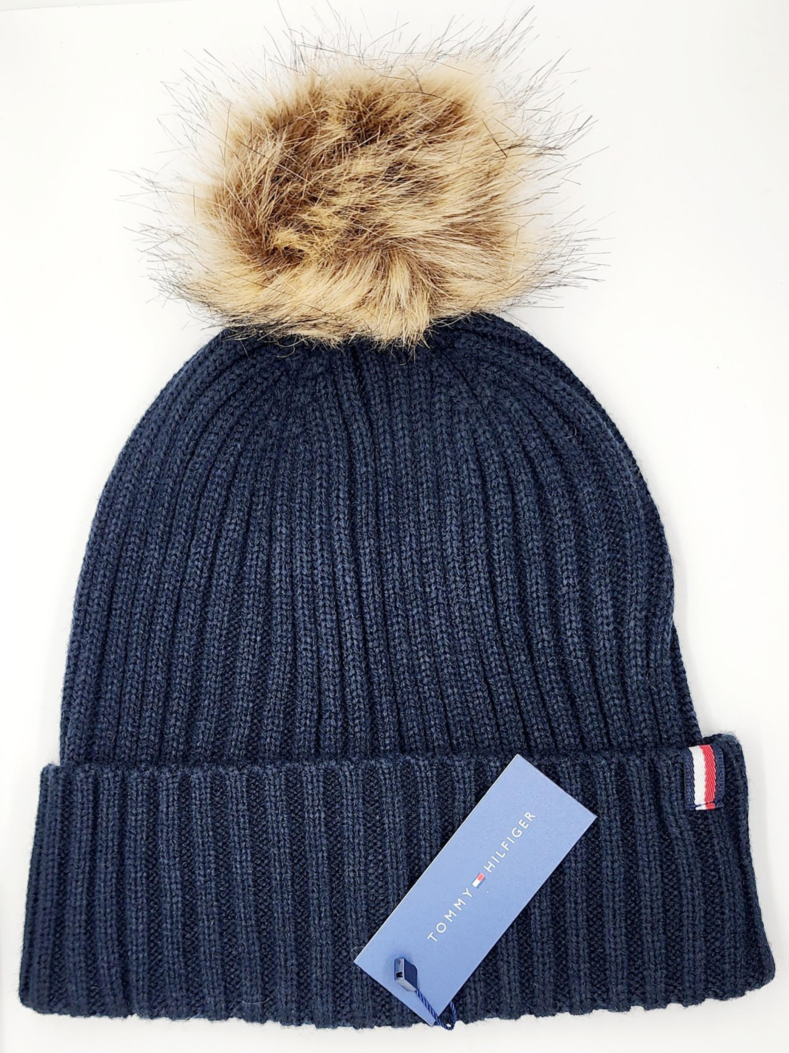 Tommy Hilfiger Women's NAVY Knit Beanie Hat Cap w/ Logo on Cuff Faux Fur Pom-Pom