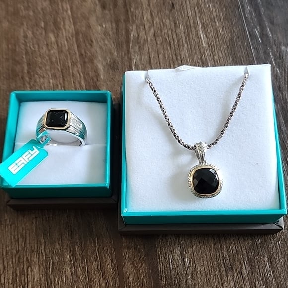 Effy 925 Sterling Silver and 18K Yellow Gold Plated Onyx Pendant and Ring